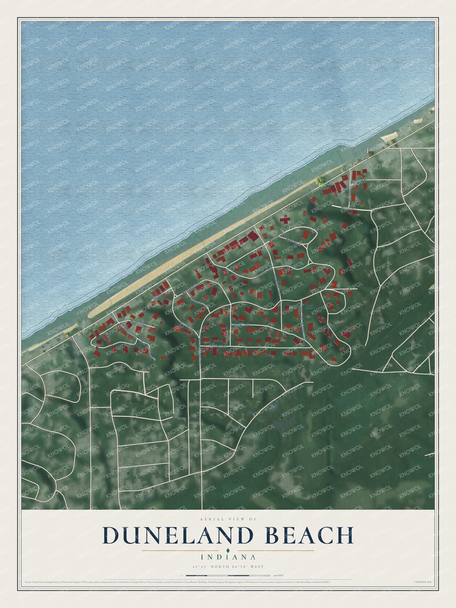 Full map of Duneland Beach, Indiana, with red buildings, printed street names and the land around them