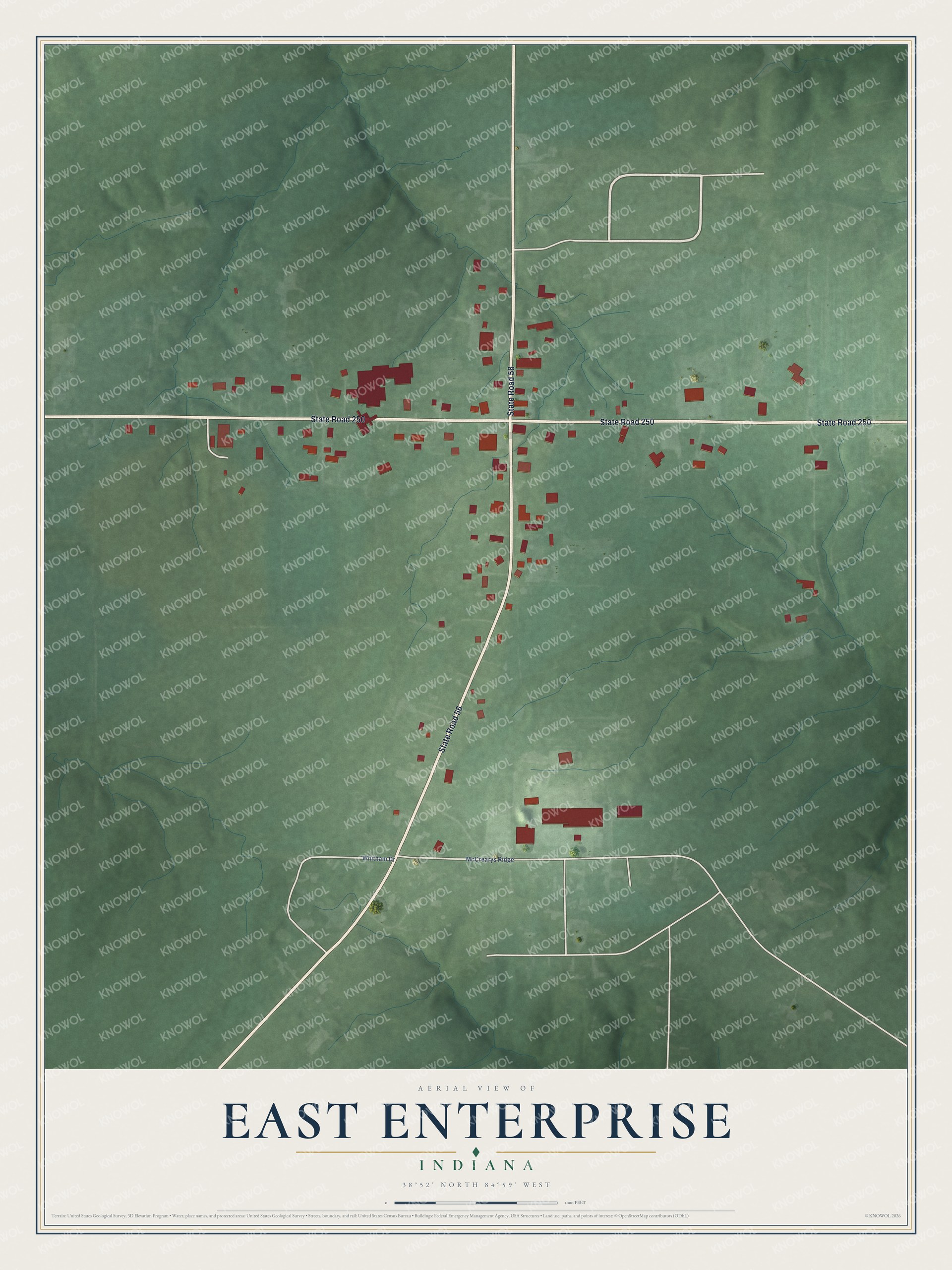 Full map of East Enterprise, Indiana, with red buildings, printed street names and the land around them