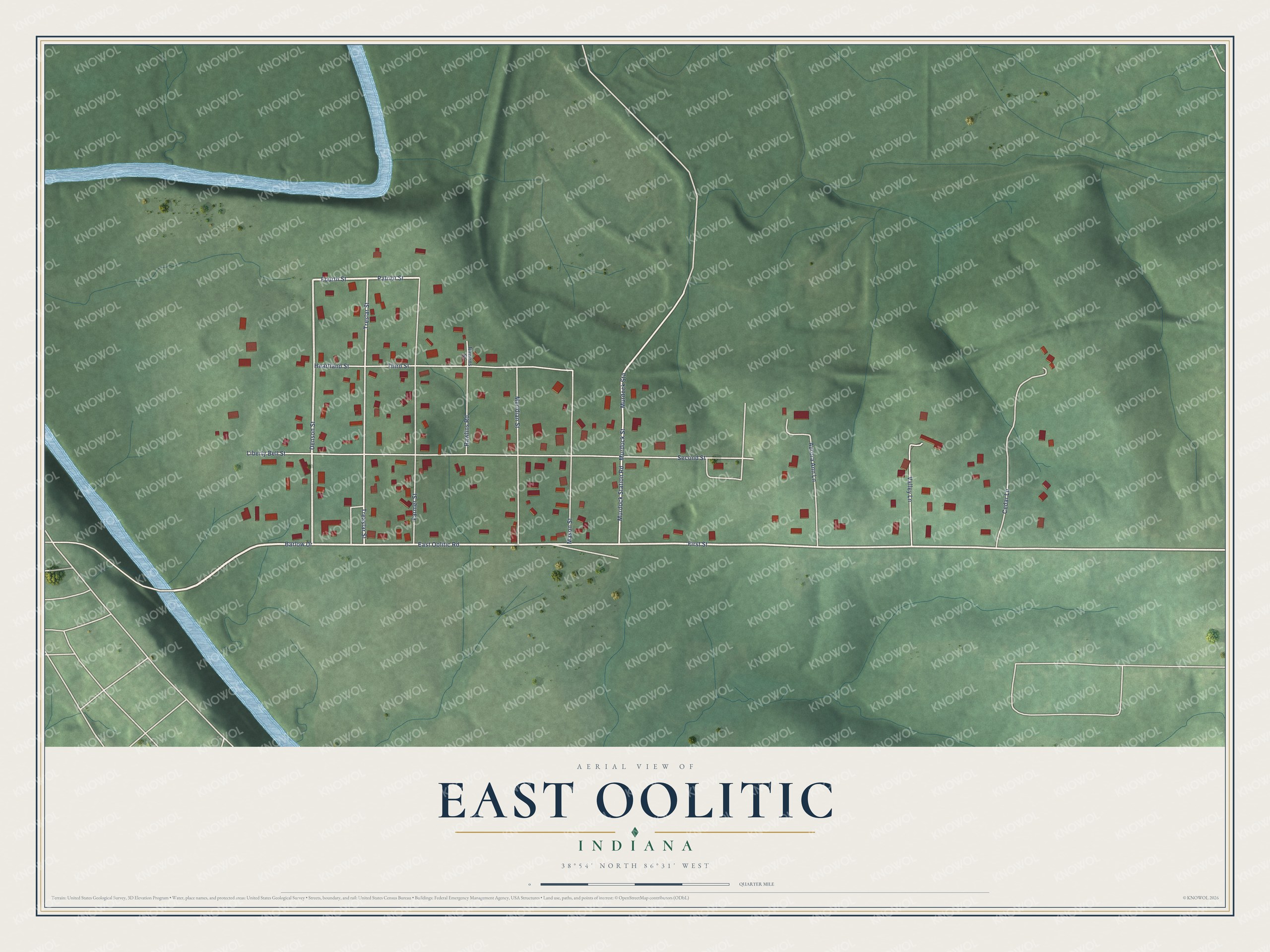 Full map of East Oolitic, Indiana, with red buildings, printed street names and the land around them
