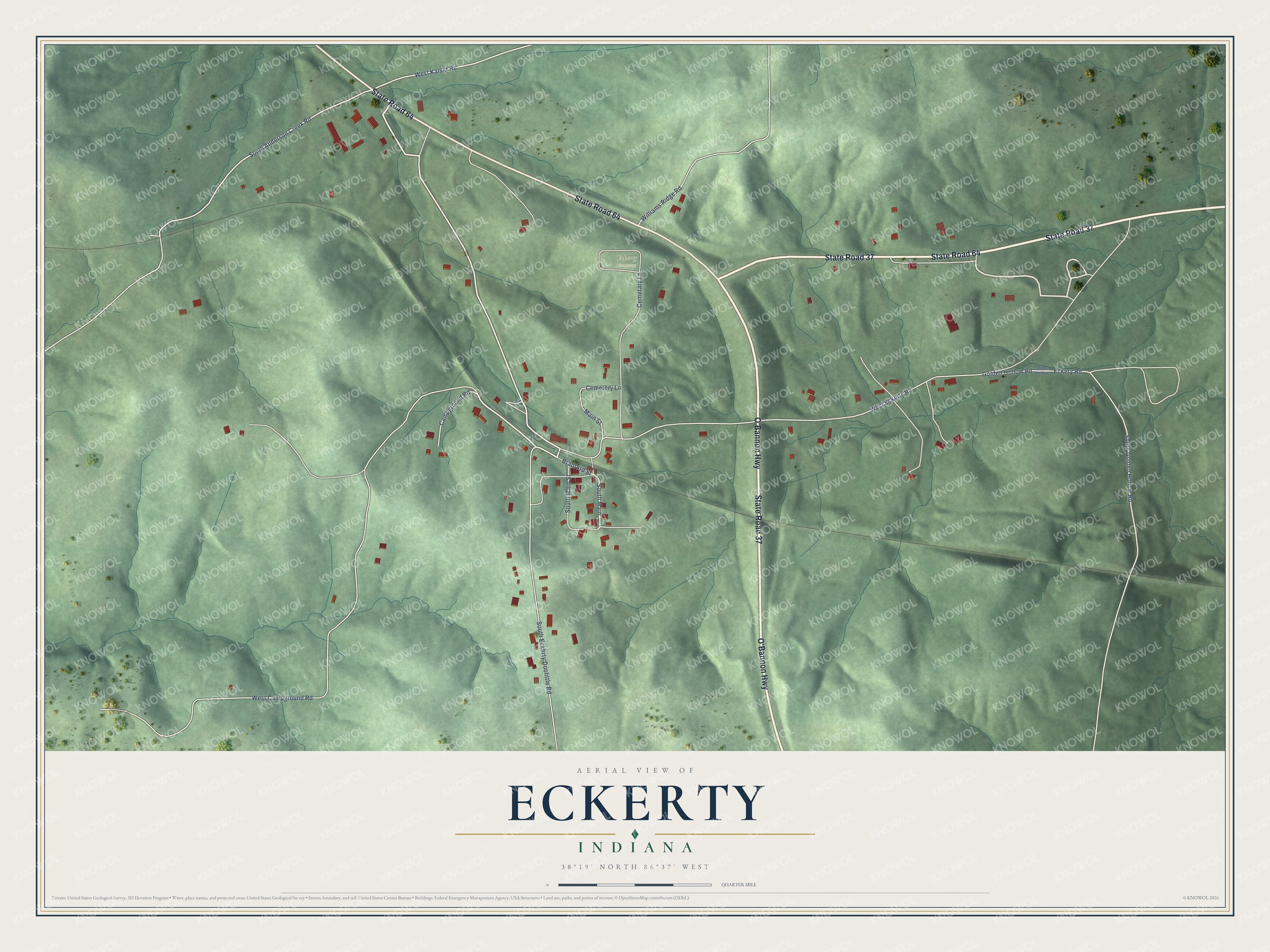 Full map of Eckerty, Indiana, with red buildings, printed street names and the land around them