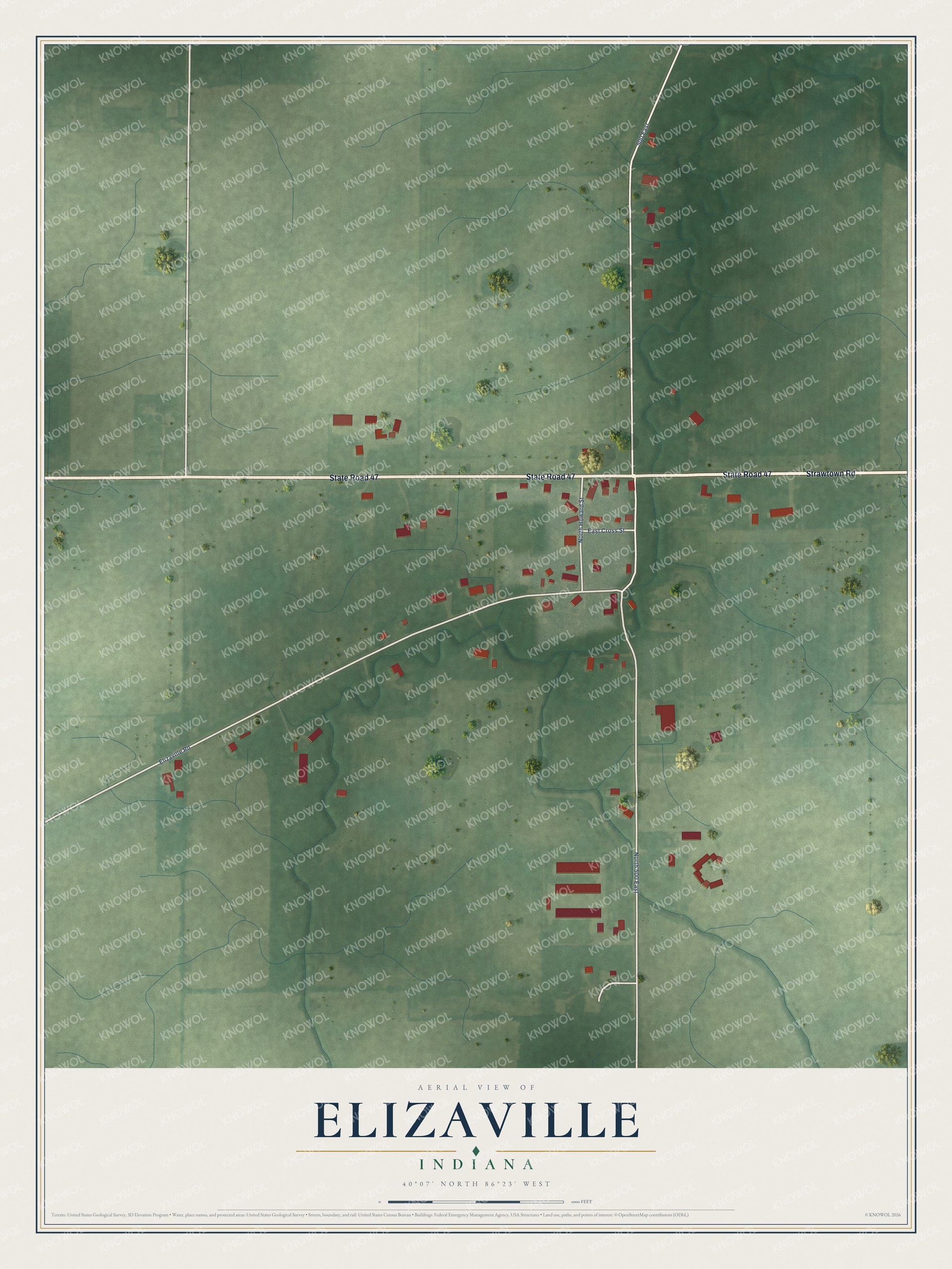 Full map of Elizaville, Indiana, with red buildings, printed street names and the land around them