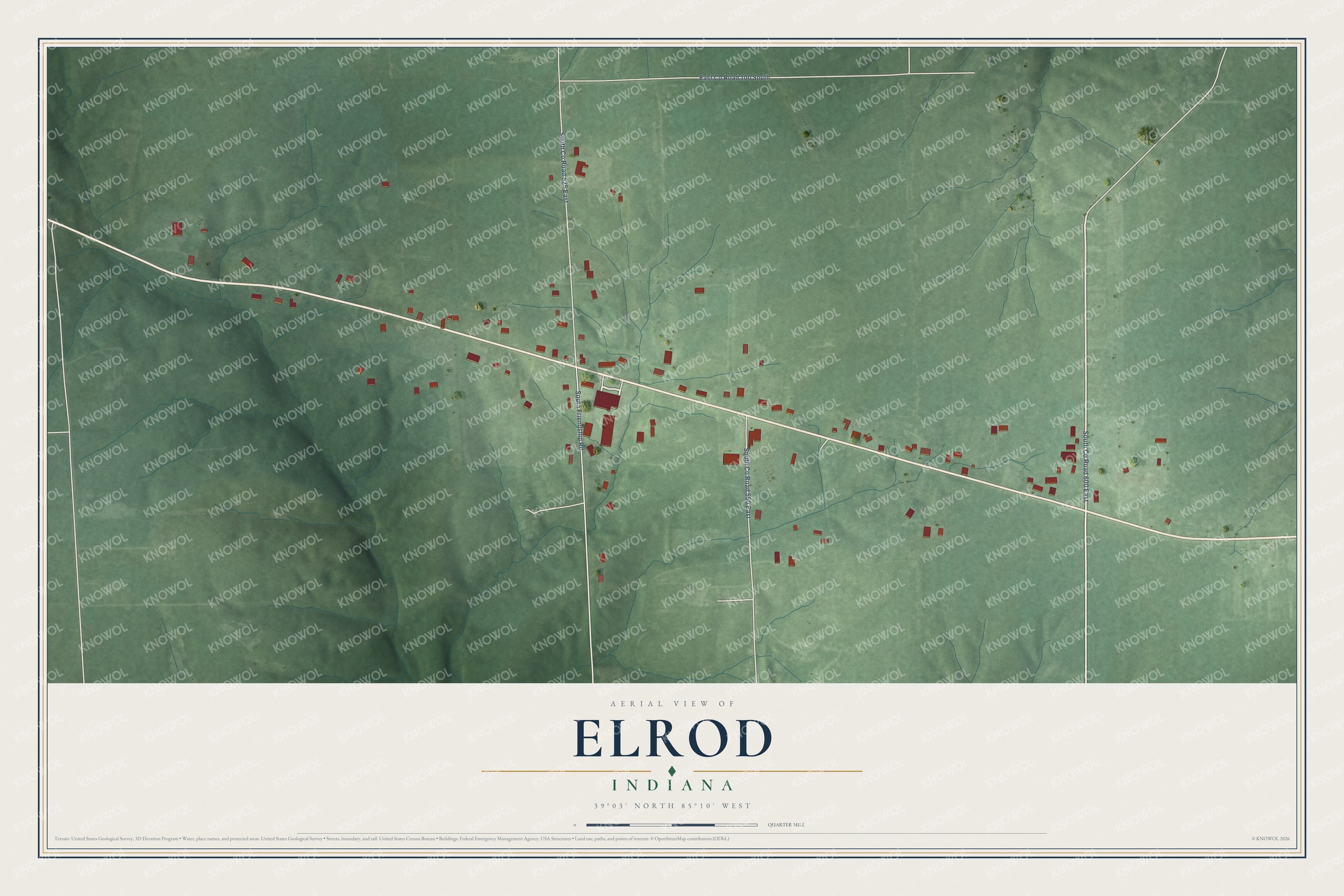 Full map of Elrod, Indiana, with red buildings, printed street names and the land around them