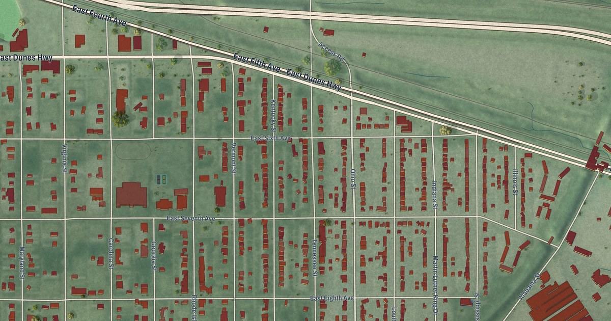 Close-up of streets and buildings in Emerson, Indiana