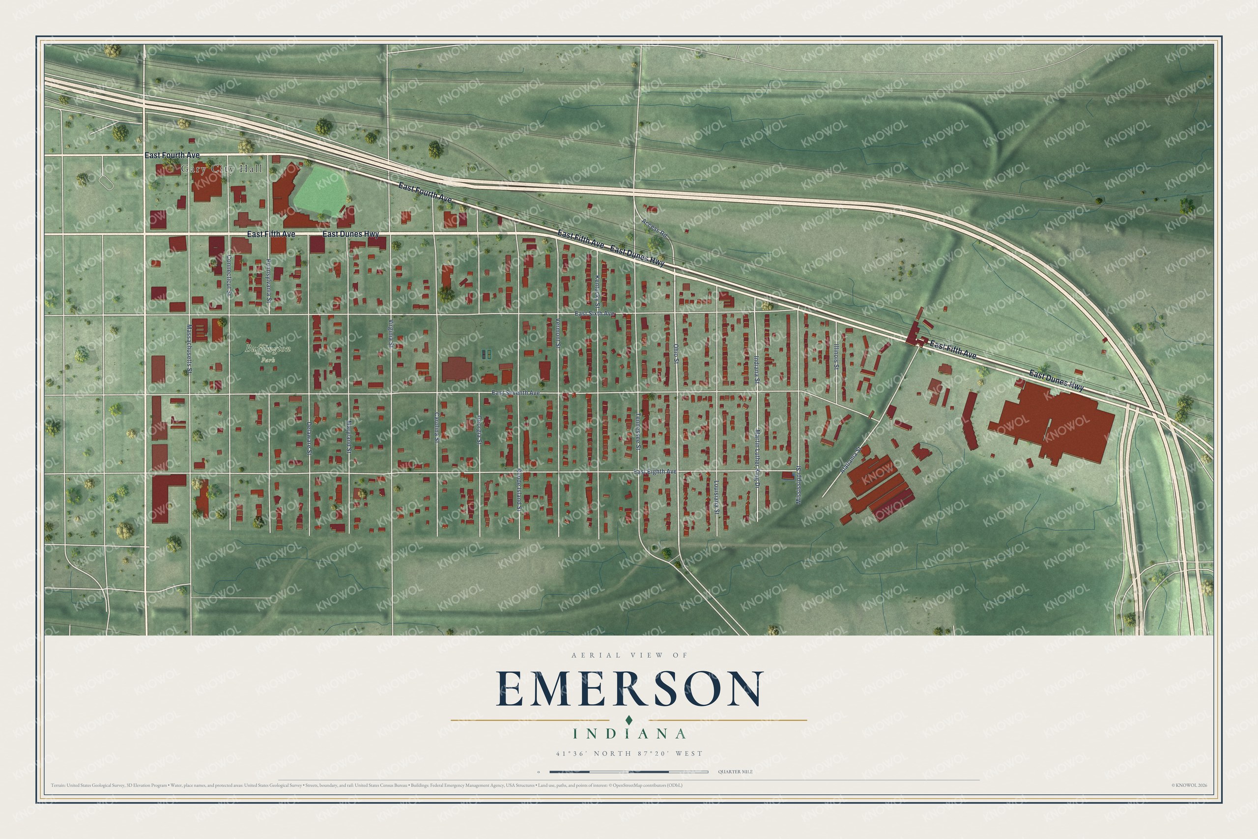 Full map of Emerson, Indiana, with red buildings, printed street names and the land around them