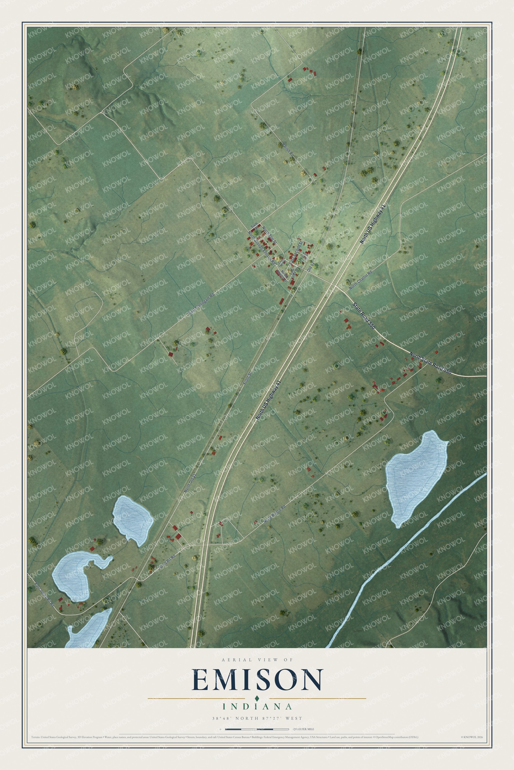 Full map of Emison, Indiana, with red buildings, printed street names and the land around them