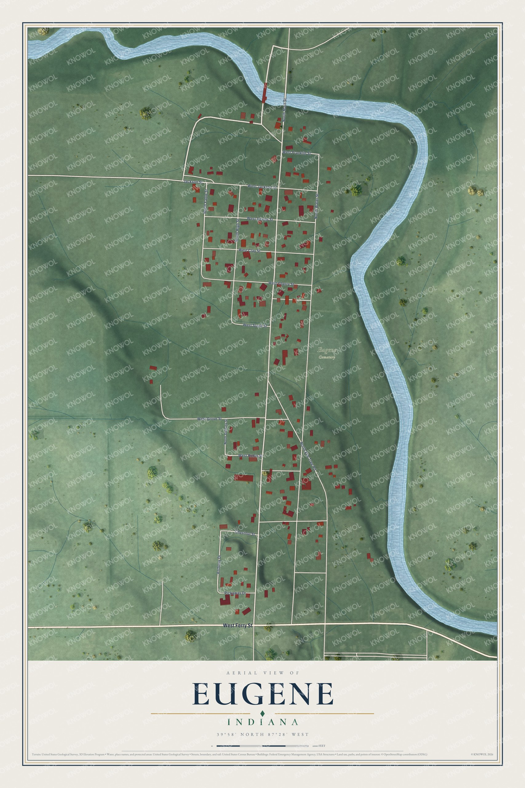 Full map of Eugene, Indiana, with red buildings, printed street names and the land around them