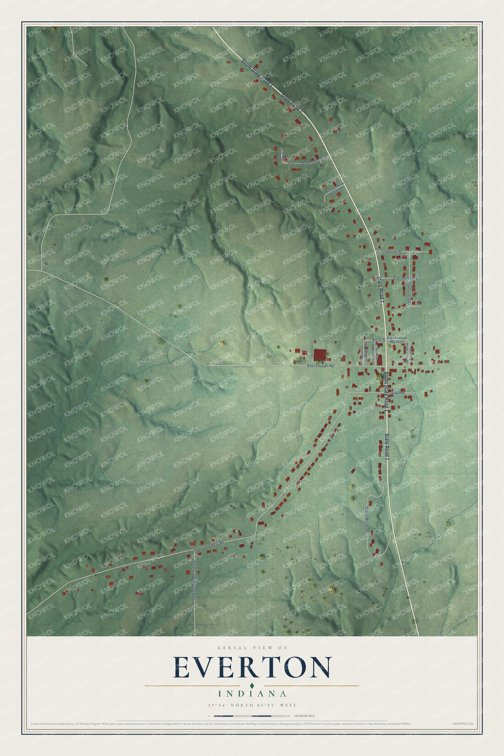 Full map of Everton, Indiana, with red buildings, printed street names and the land around them