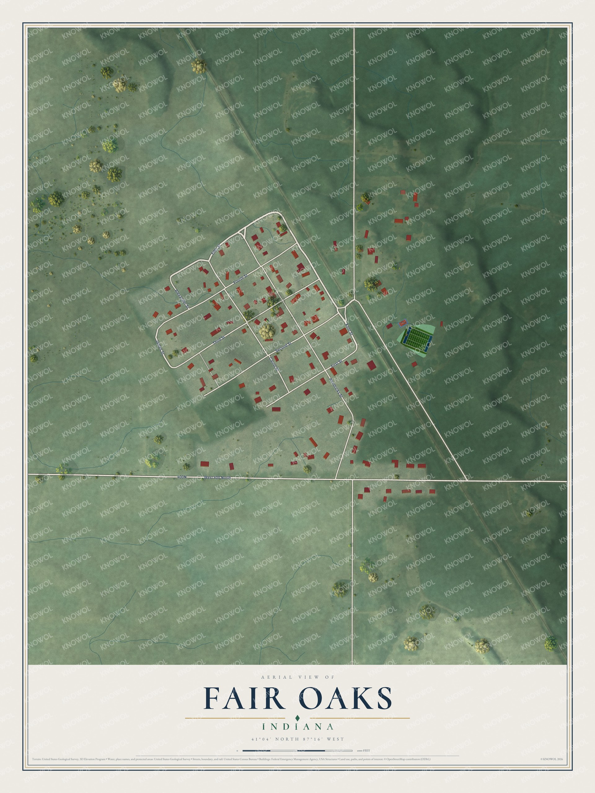 Full map of Fair Oaks, Indiana, with red buildings, printed street names and the land around them