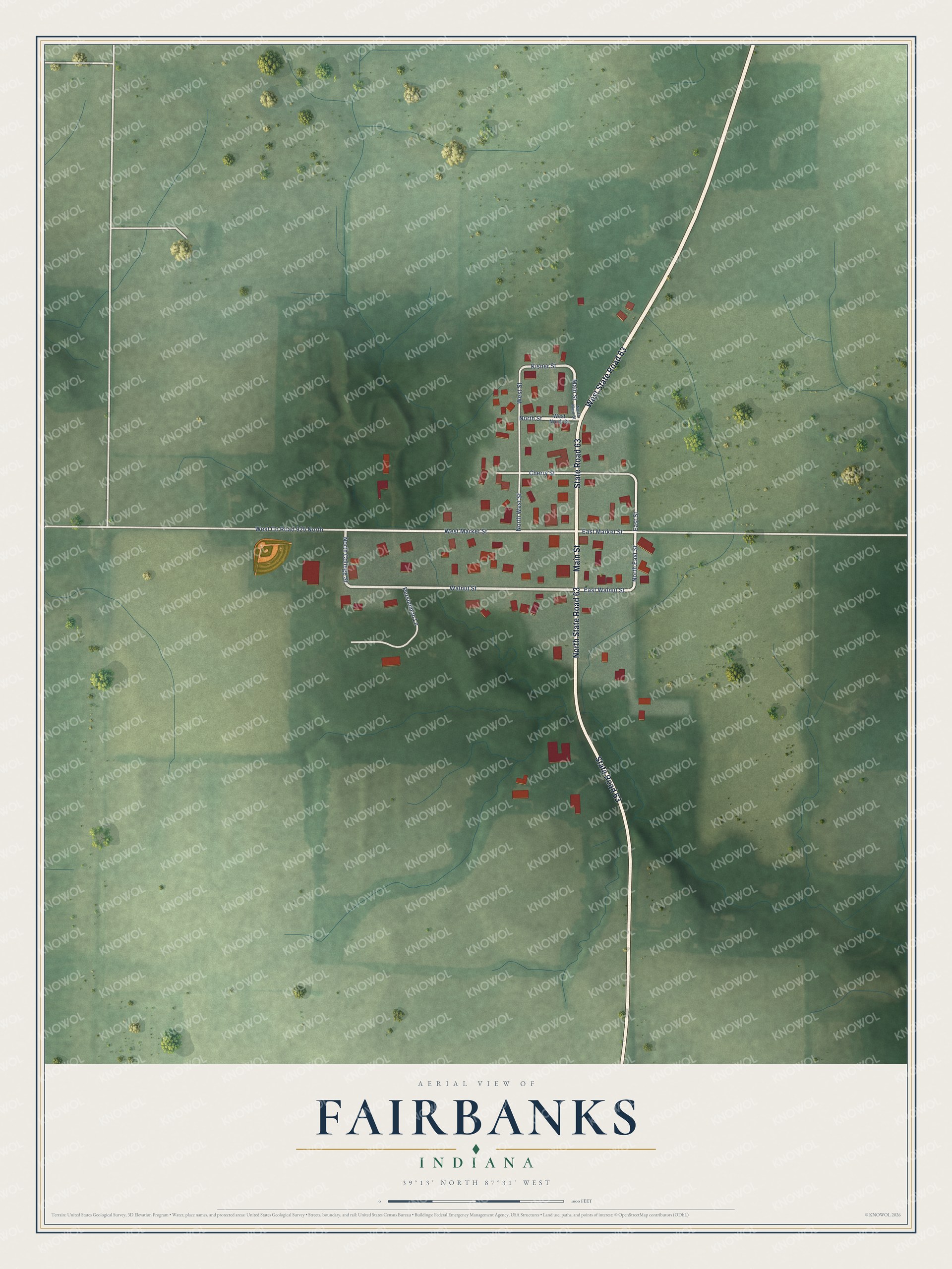 Full map of Fairbanks, Indiana, with red buildings, printed street names and the land around them