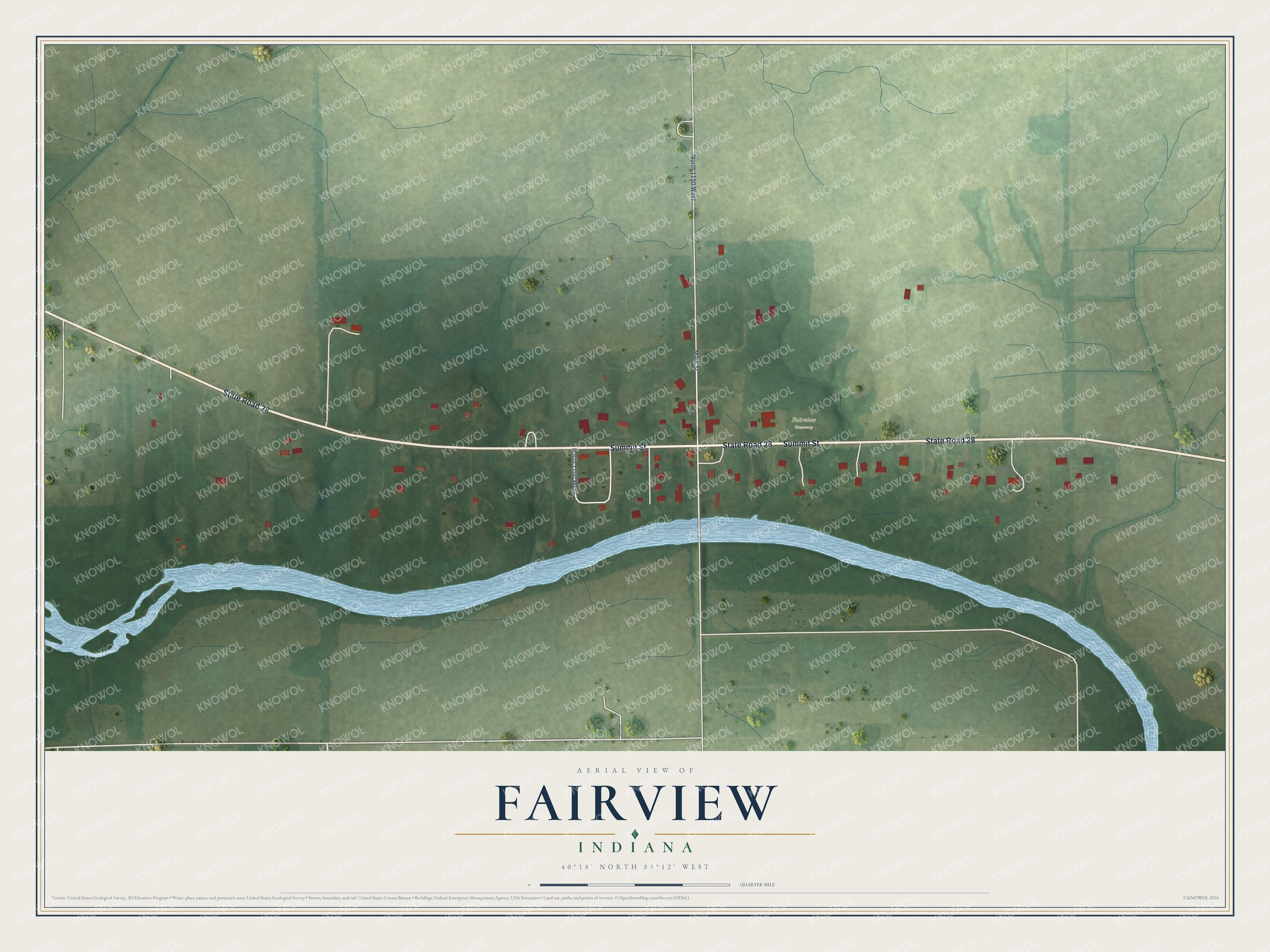 Full map of Fairview, Indiana, with red buildings, printed street names and the land around them