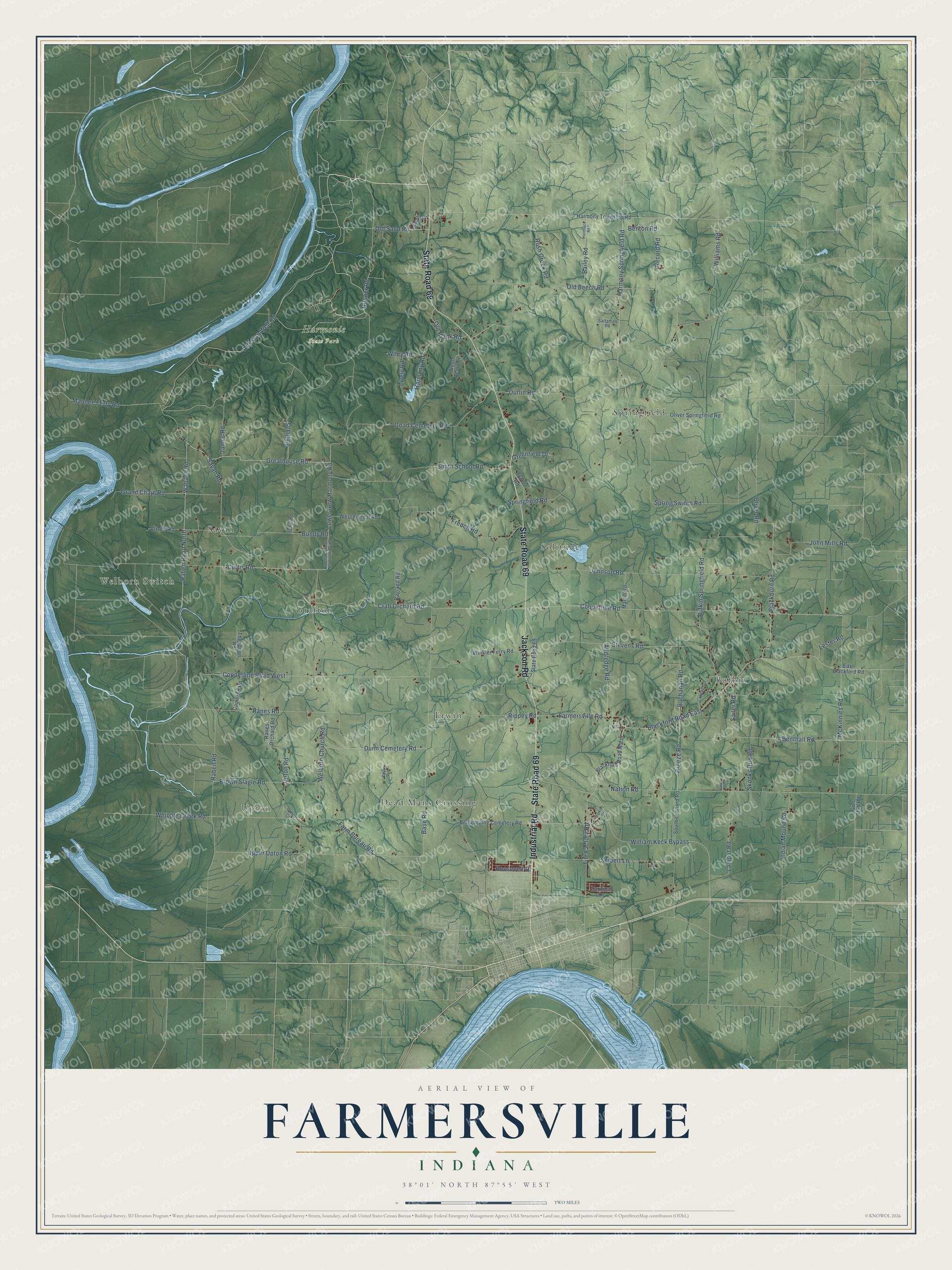 Full map of Farmersville, Indiana, with red buildings, printed street names and the land around them