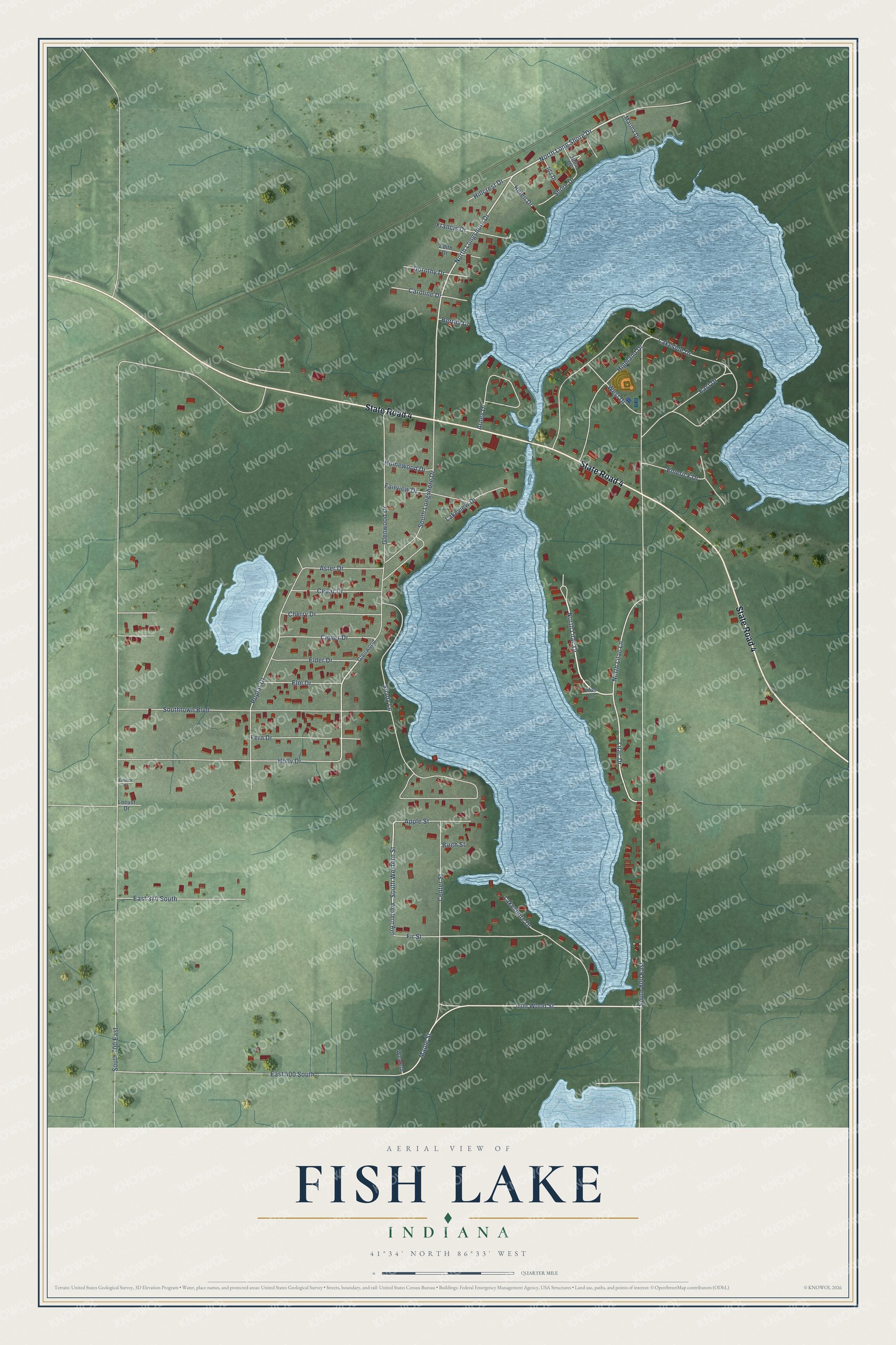 Full map of Fish Lake, Indiana, with red buildings, printed street names and the land around them