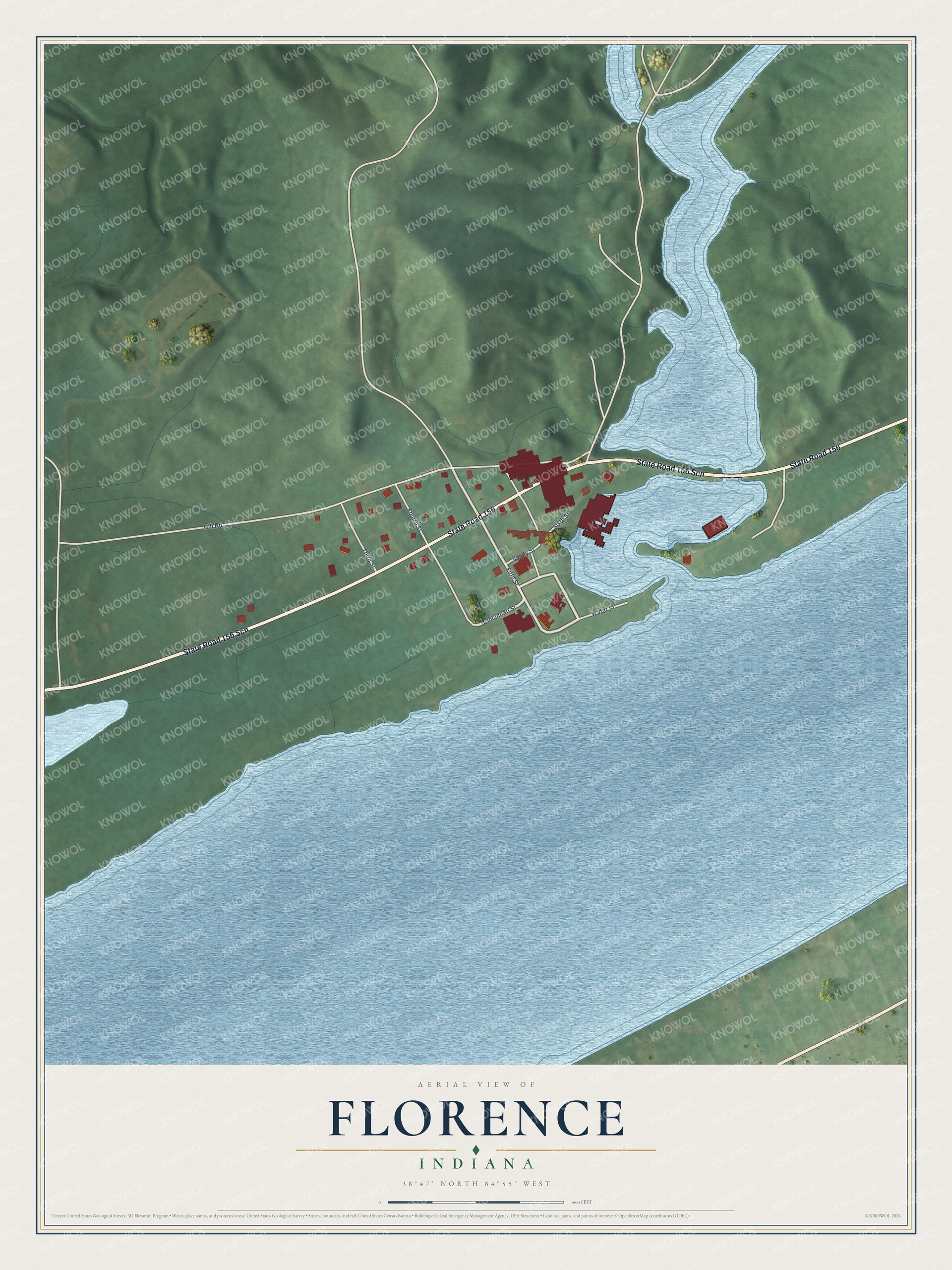 Full map of Florence, Indiana, with red buildings, printed street names and the land around them