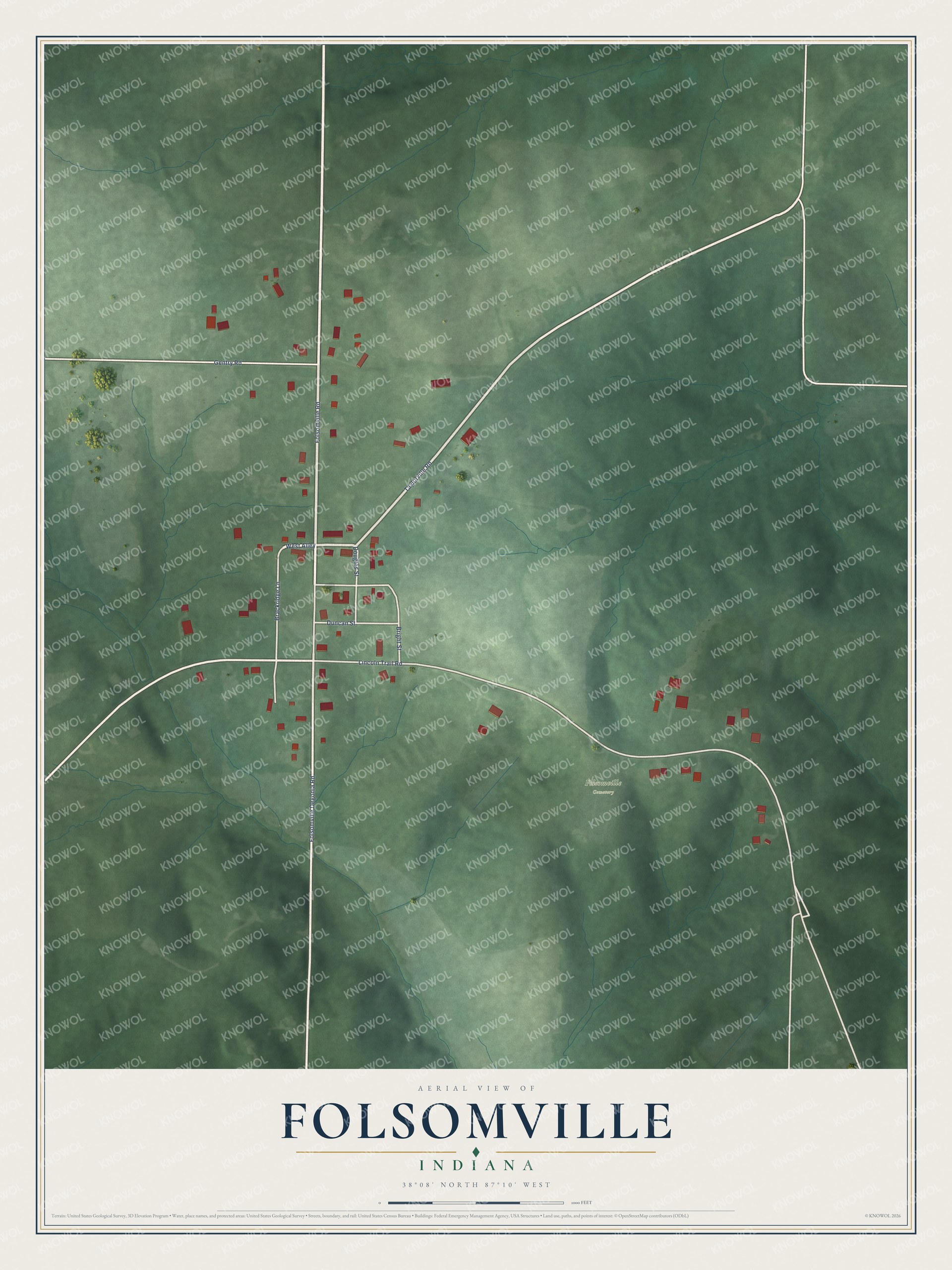 Full map of Folsomville, Indiana, with red buildings, printed street names and the land around them