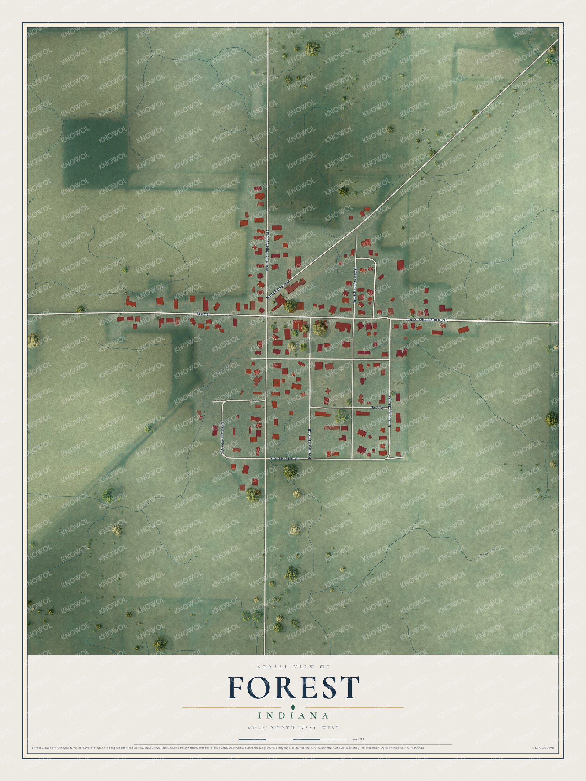 Full map of Forest, Indiana, with red buildings, printed street names and the land around them