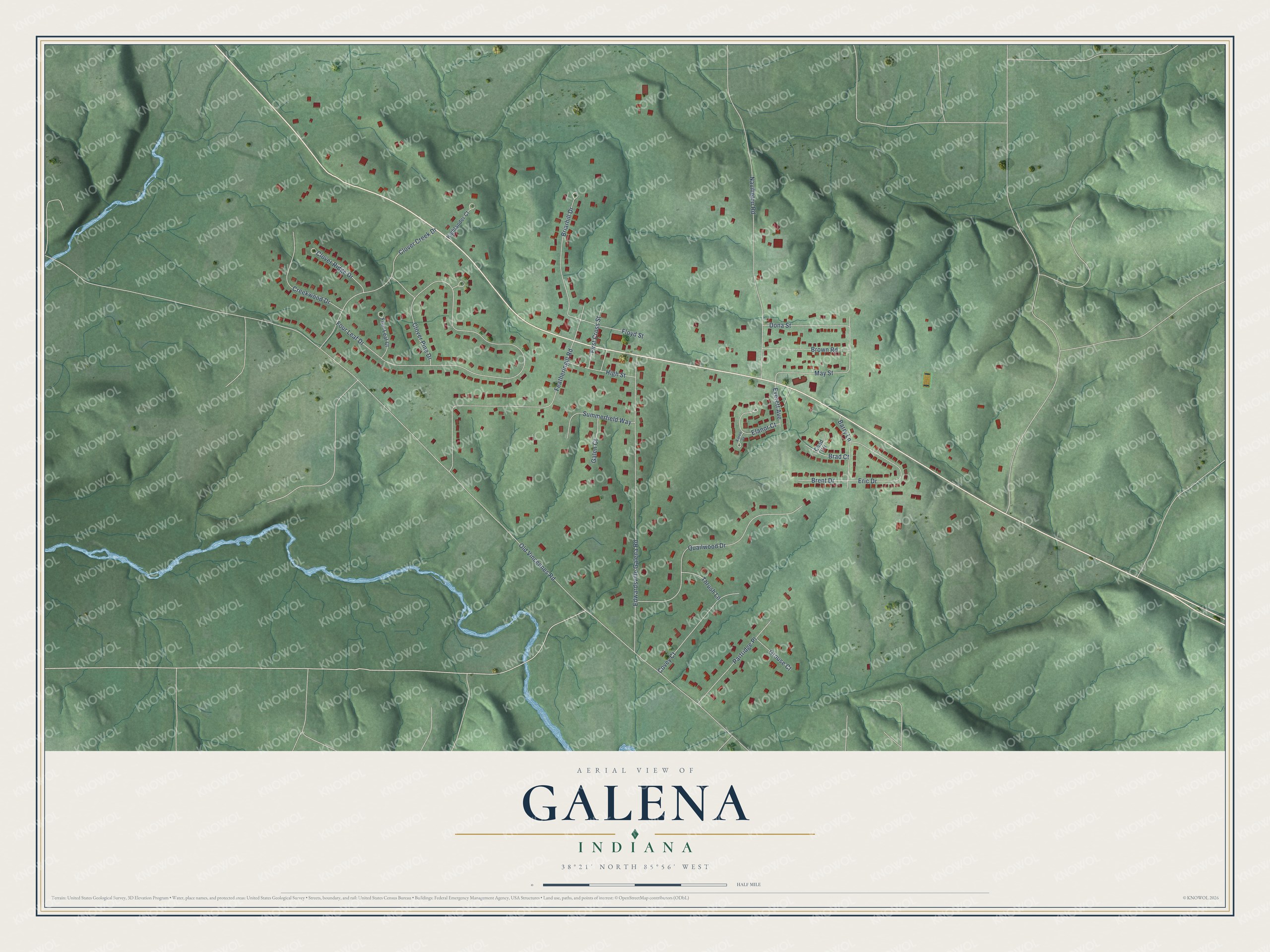 Full map of Galena, Indiana, with red buildings, printed street names and the land around them