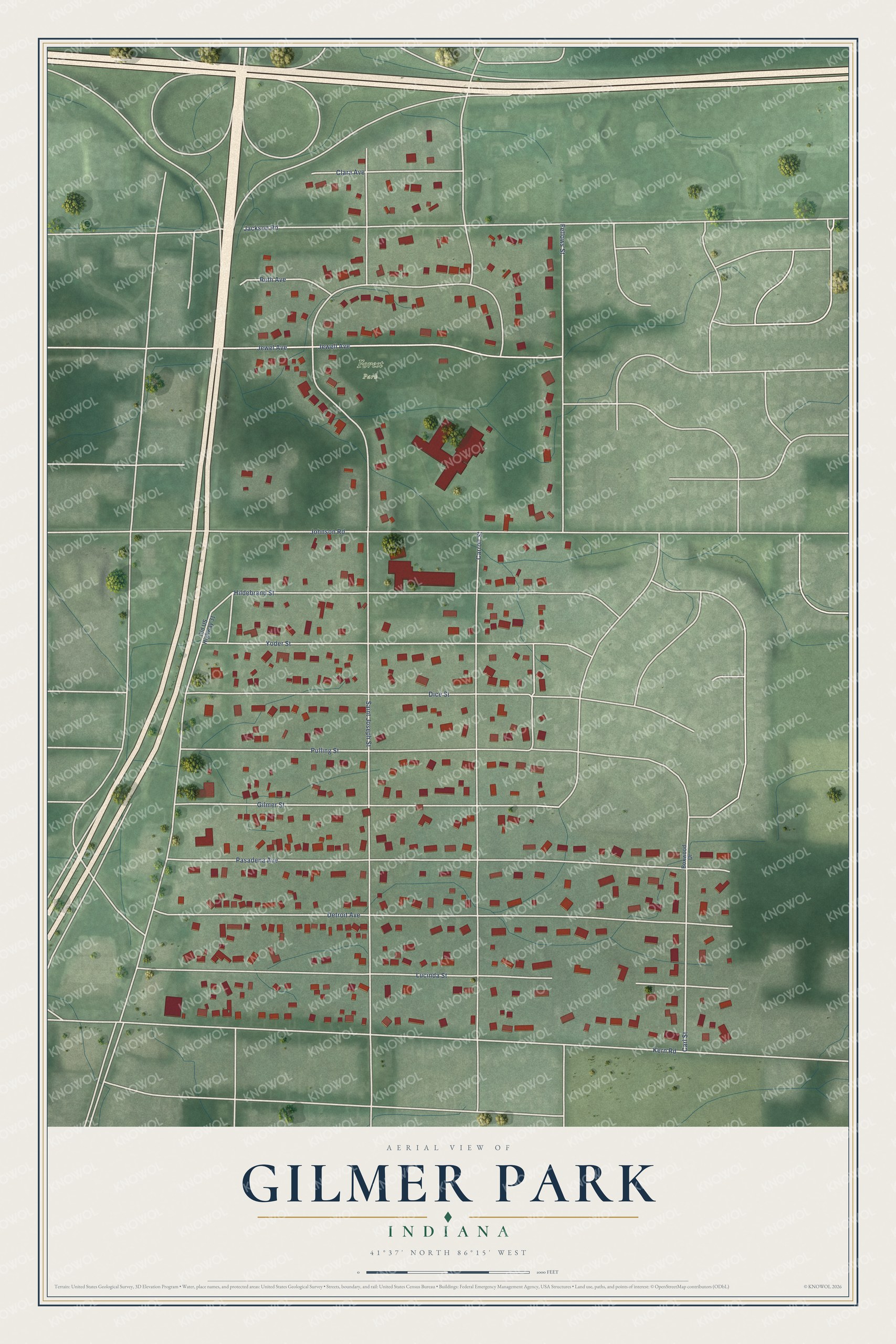 Full map of Gilmer Park, Indiana, with red buildings, printed street names and the land around them