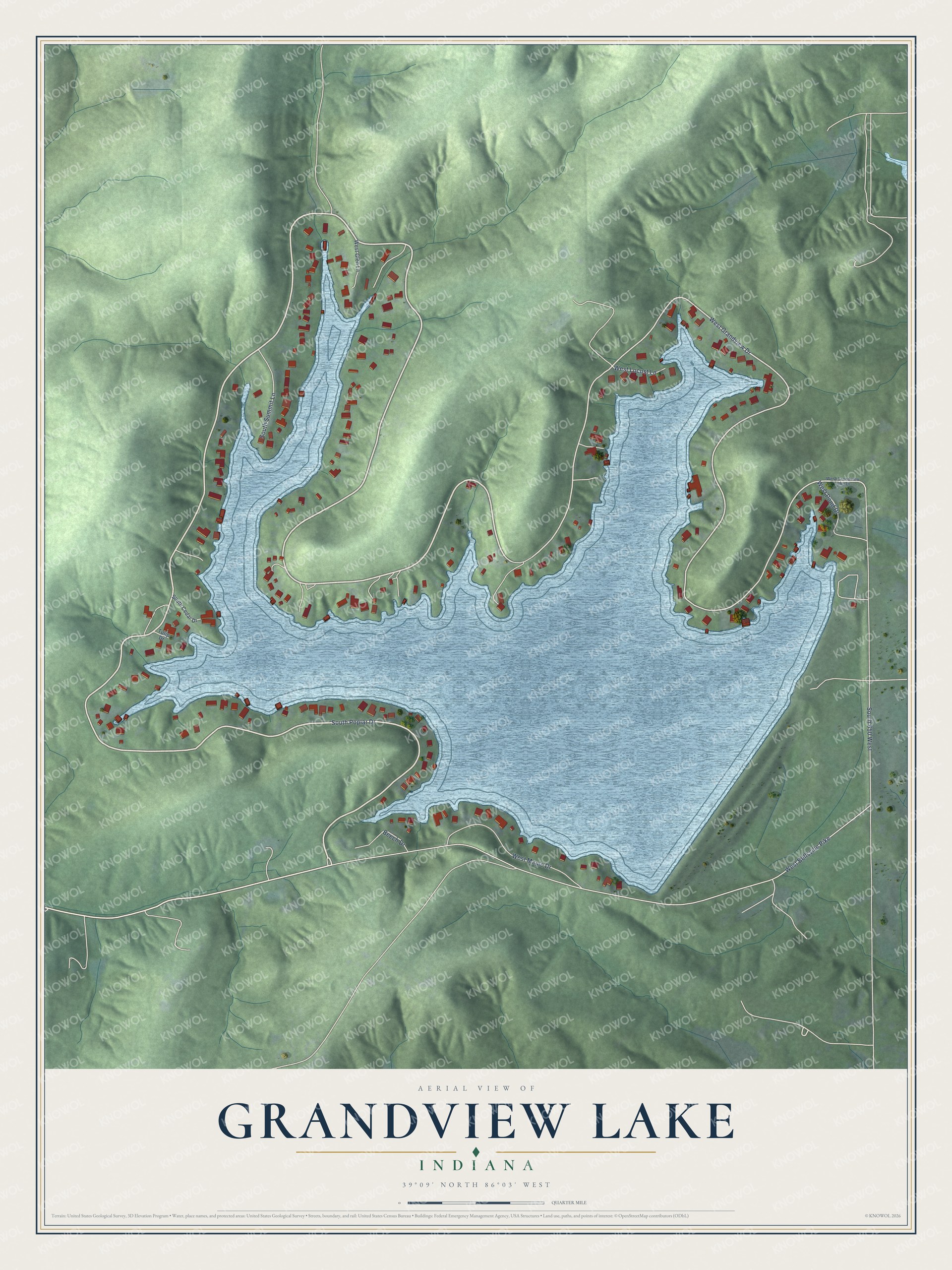 Full map of Grandview Lake, Indiana, with red buildings, printed street names and the land around them