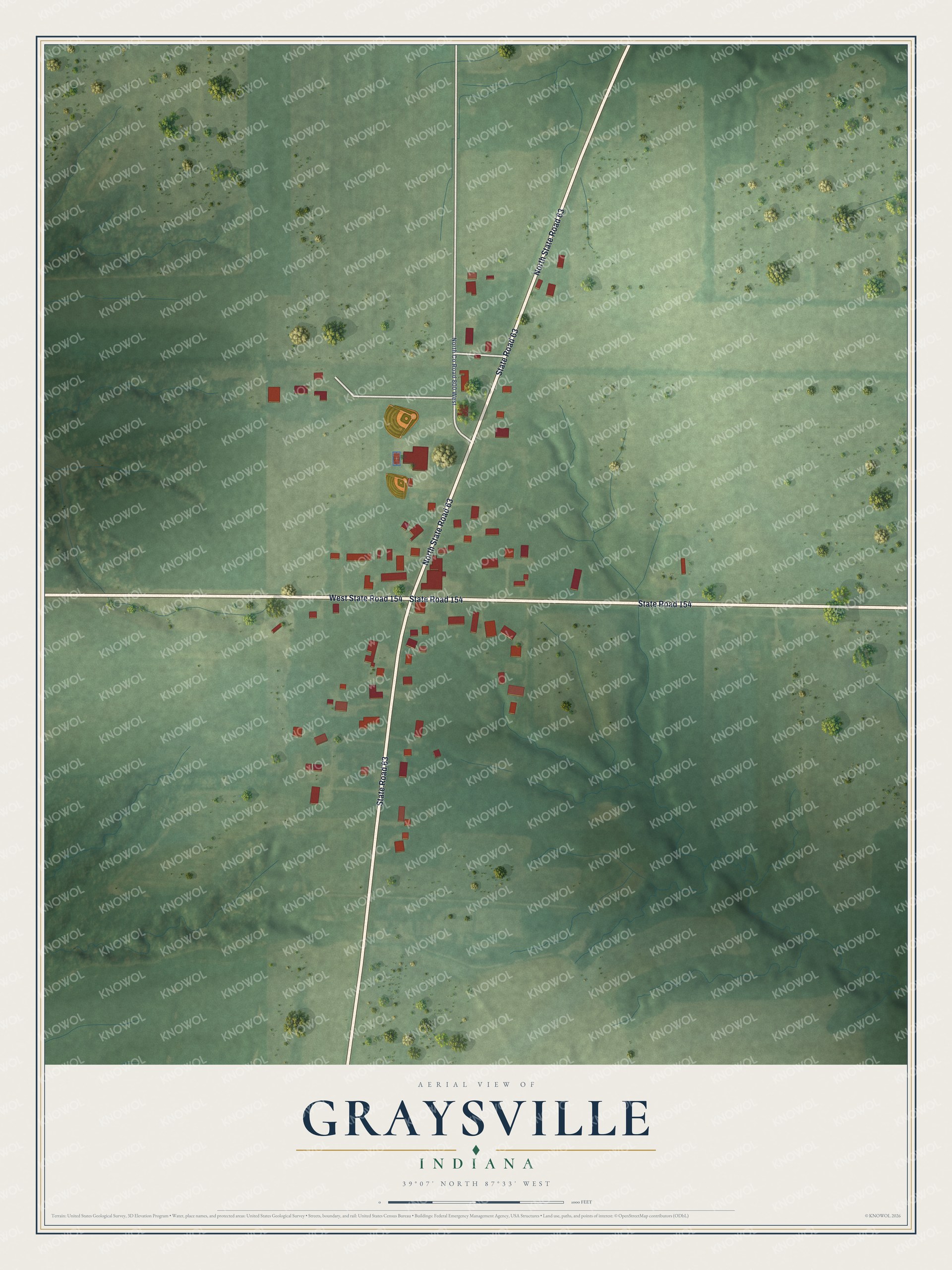 Full map of Graysville, Indiana, with red buildings, printed street names and the land around them