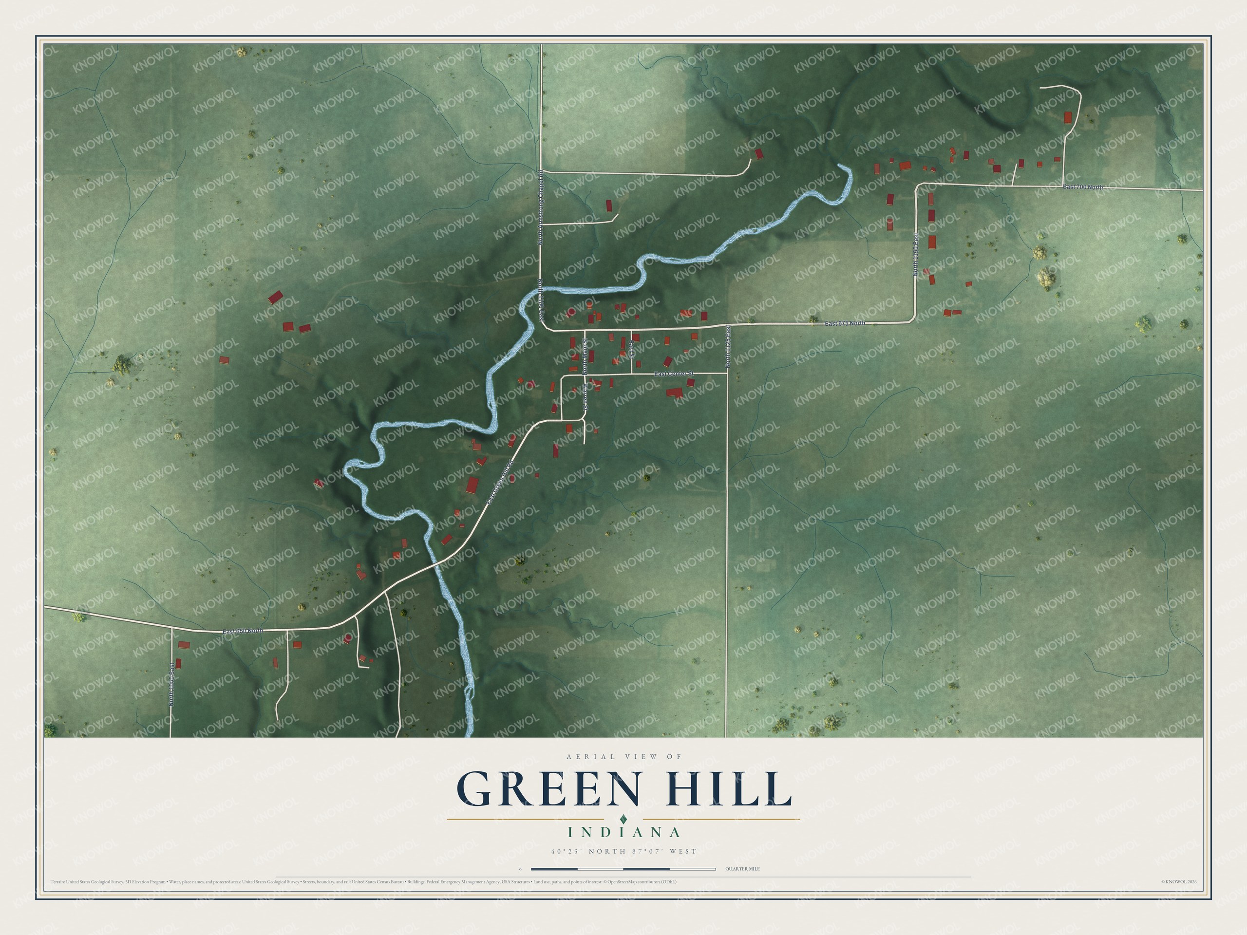 Full map of Green Hill, Indiana, with red buildings, printed street names and the land around them