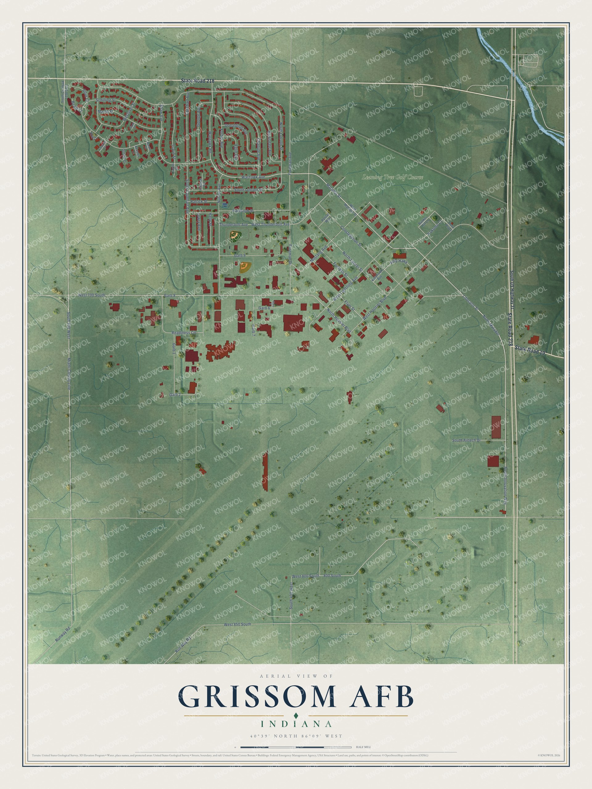 Full map of Grissom AFB, Indiana, with red buildings, printed street names and the land around them