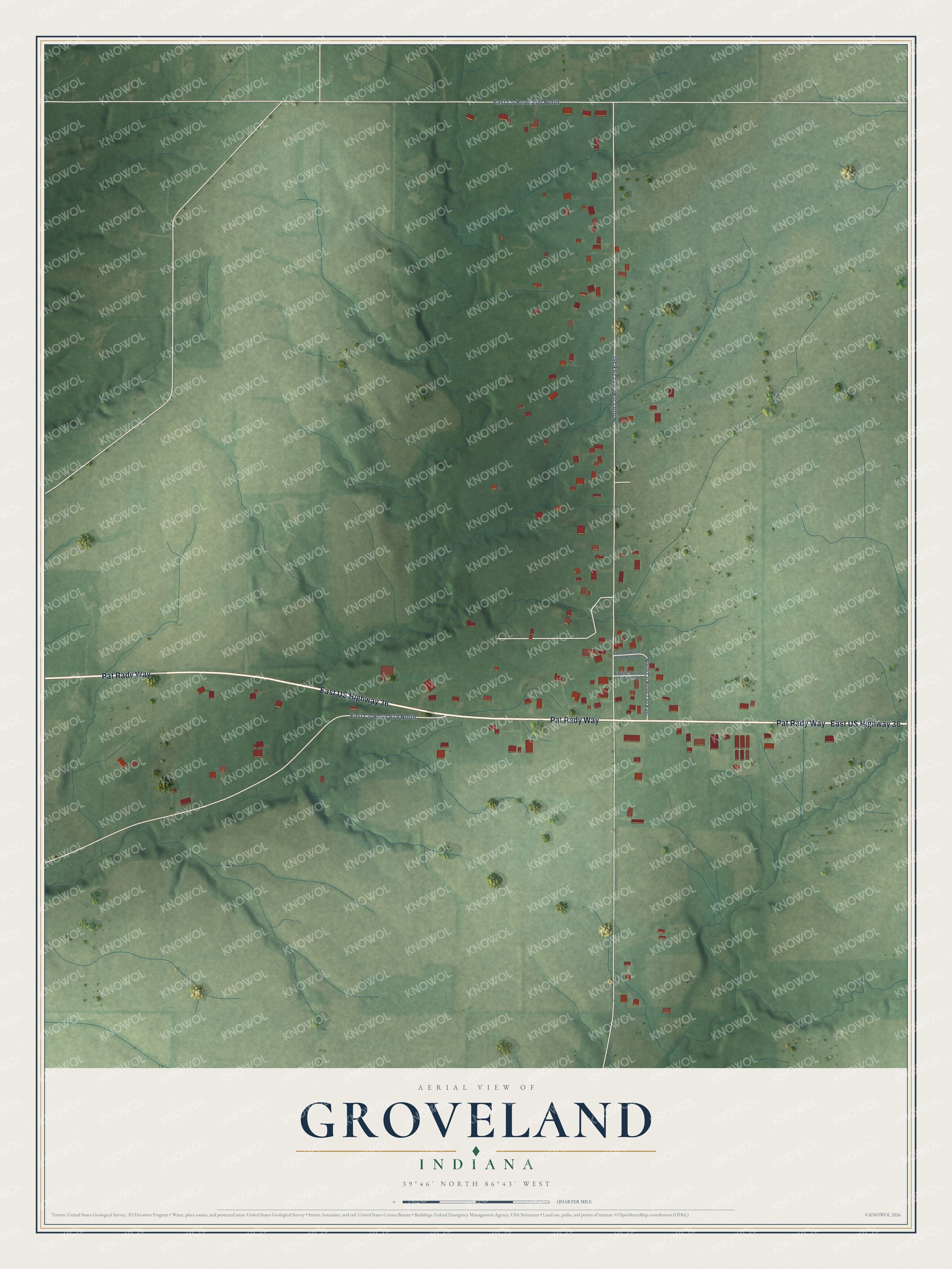 Full map of Groveland, Indiana, with red buildings, printed street names and the land around them