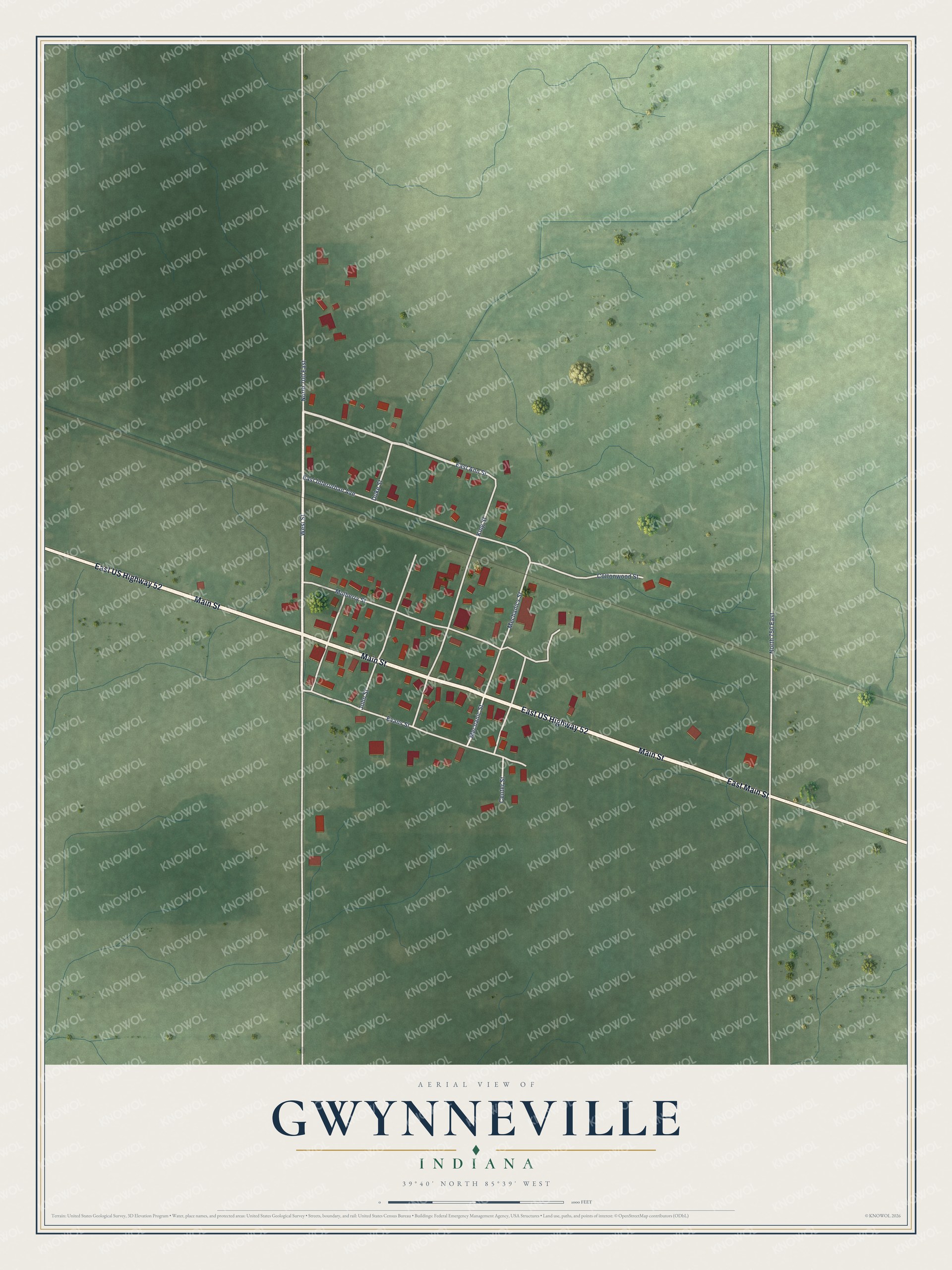 Full map of Gwynneville, Indiana, with red buildings, printed street names and the land around them