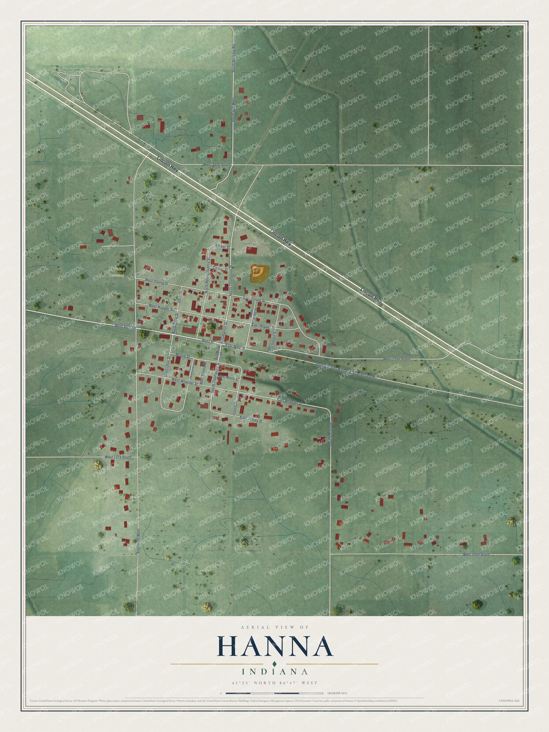 Full map of Hanna, Indiana, with red buildings, printed street names and the land around them