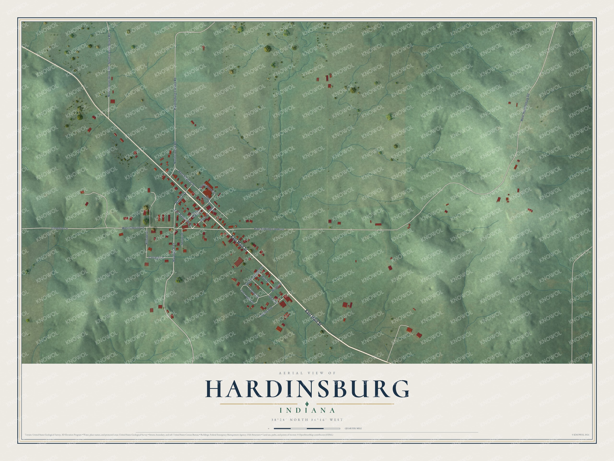 Full map of Hardinsburg, Indiana, with red buildings, printed street names and the land around them
