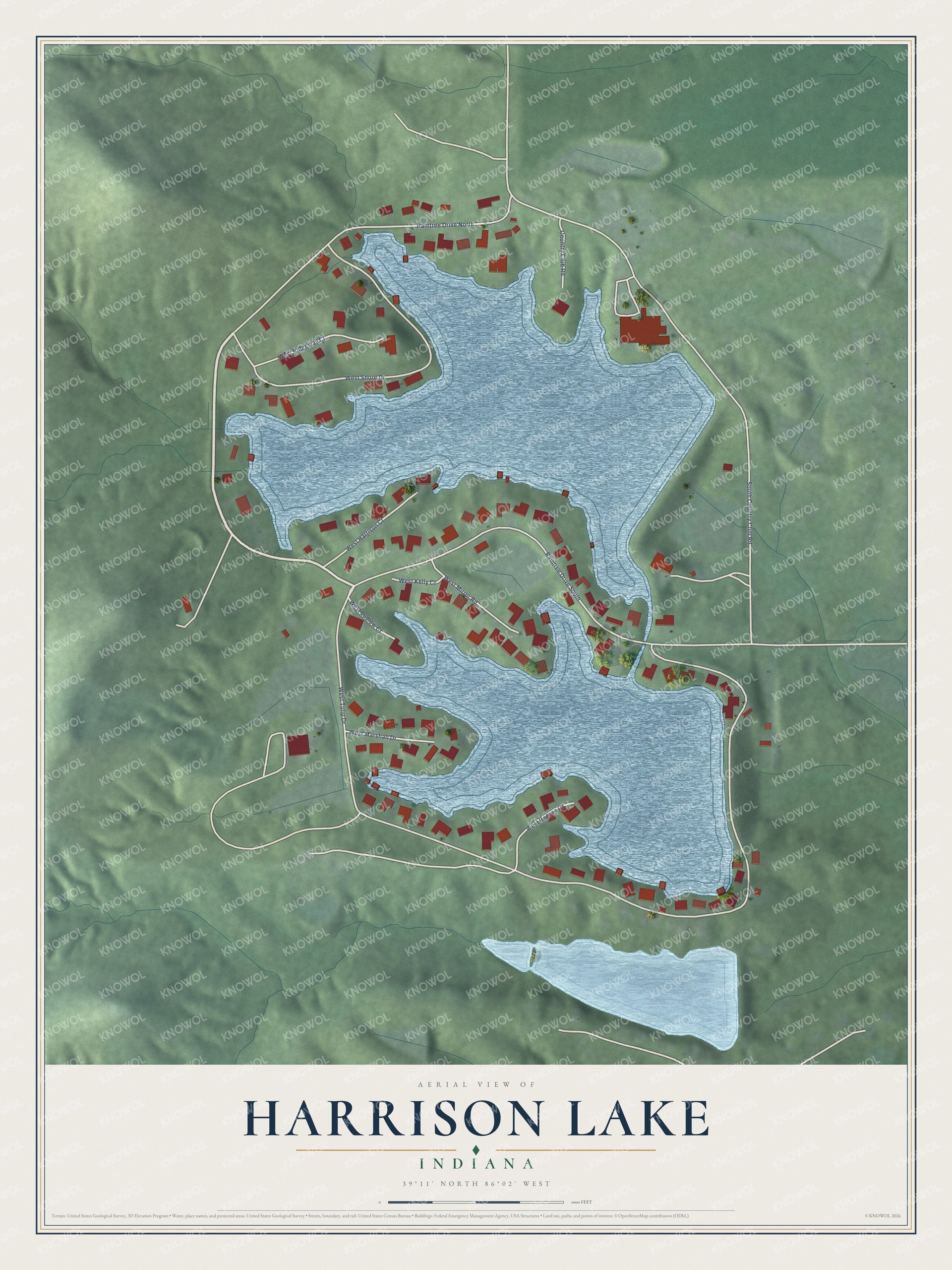 Full map of Harrison Lake, Indiana, with red buildings, printed street names and the land around them