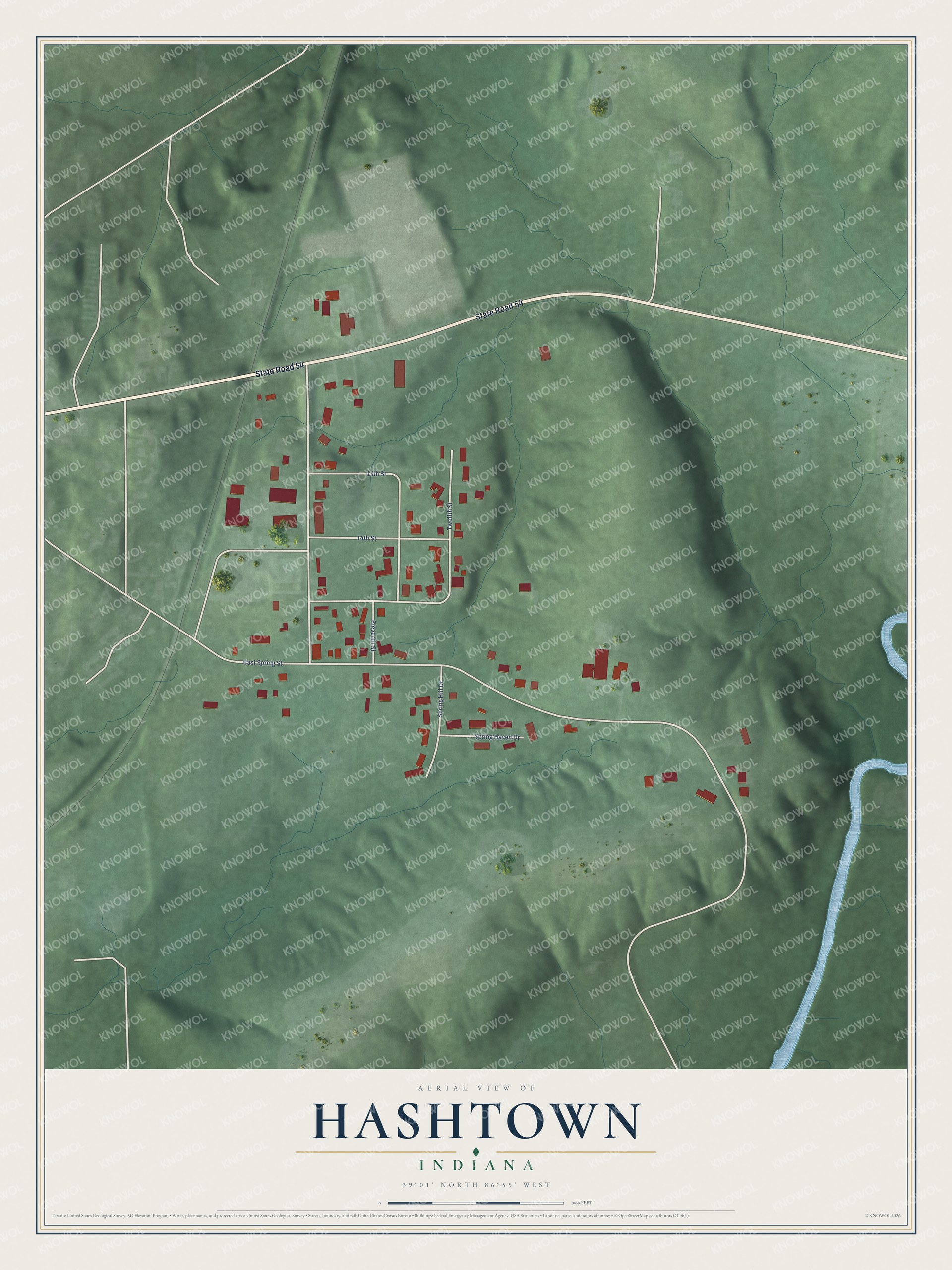 Full map of Hashtown, Indiana, with red buildings, printed street names and the land around them