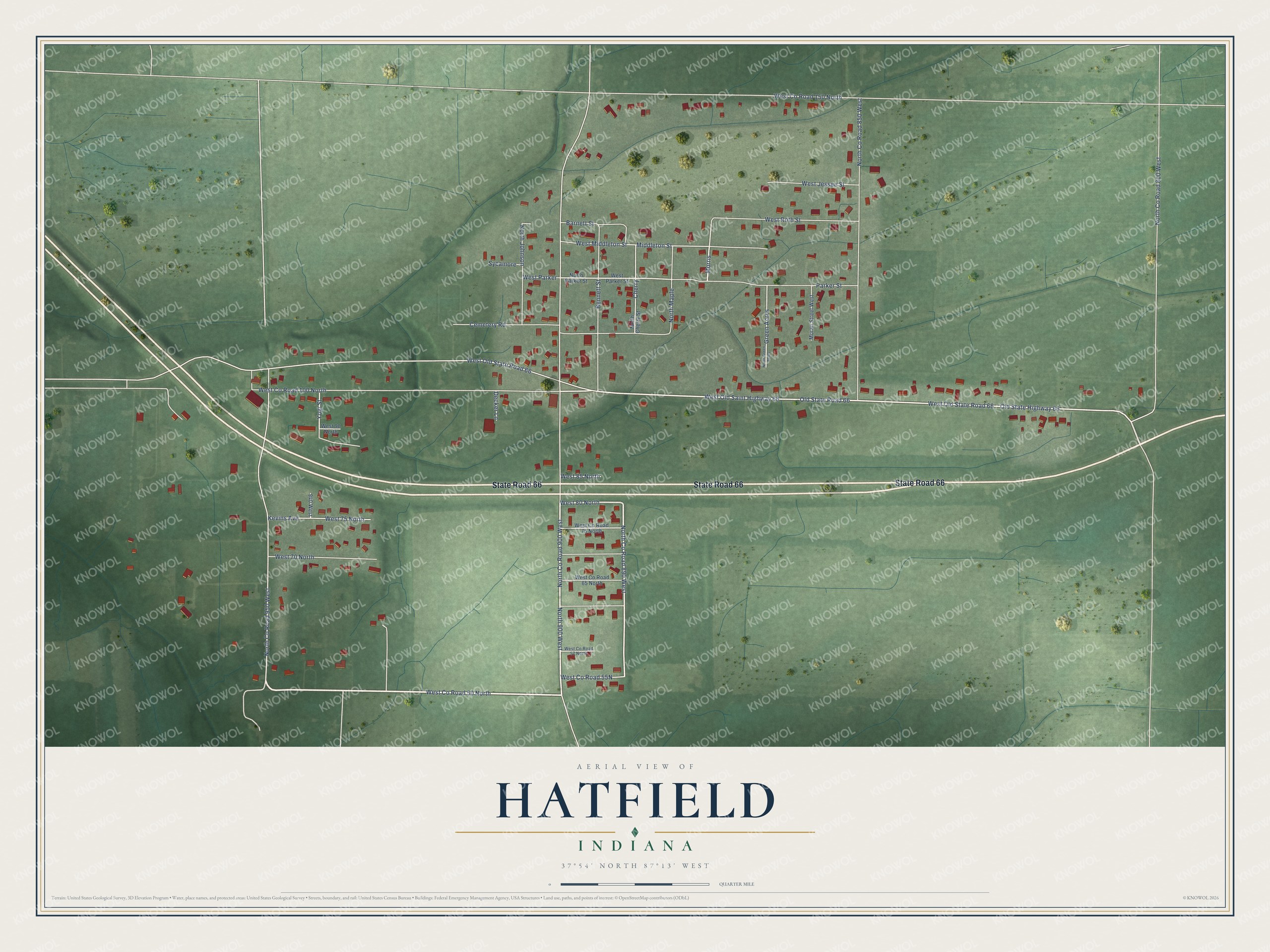 Full map of Hatfield, Indiana, with red buildings, printed street names and the land around them