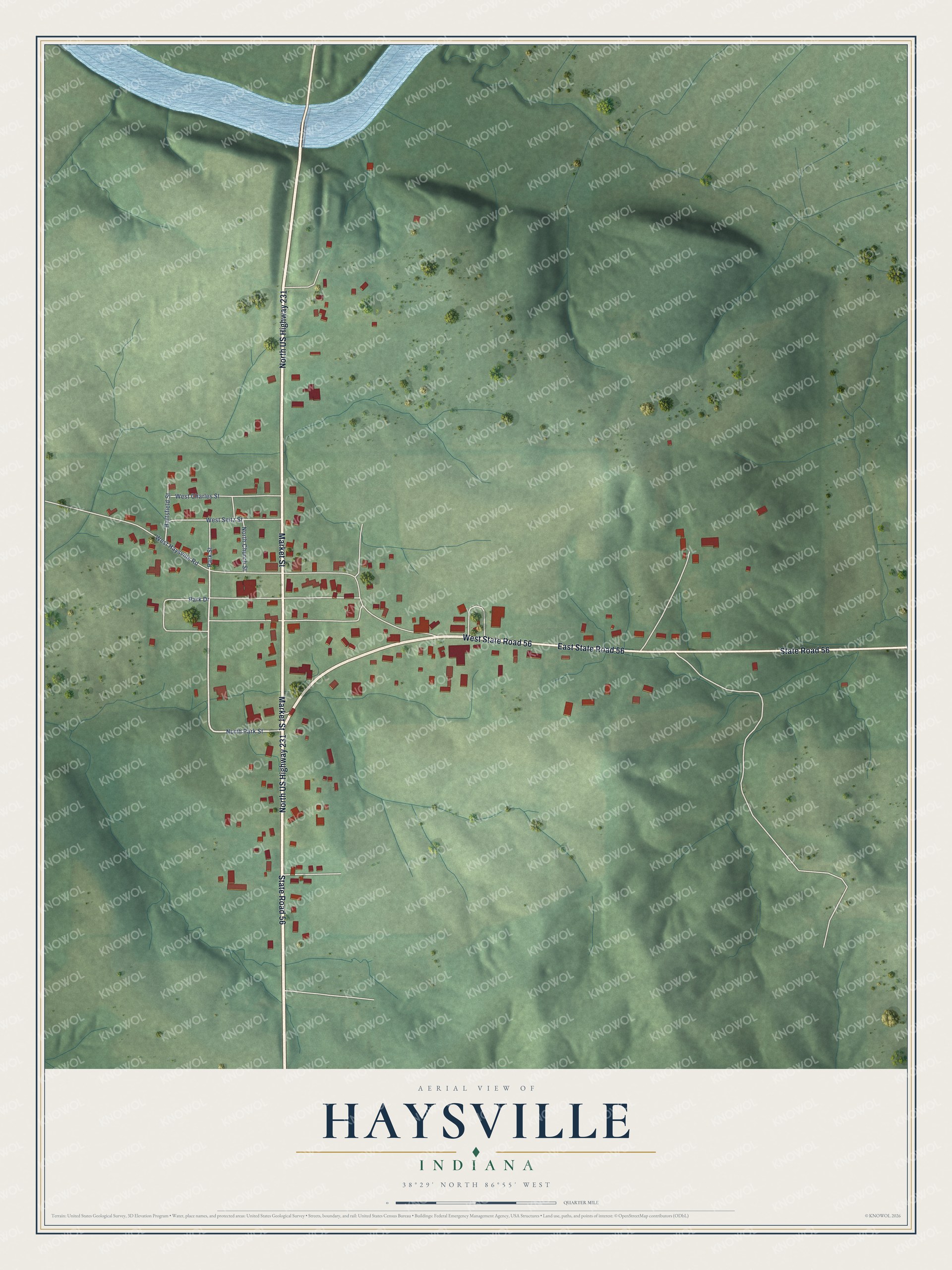Full map of Haysville, Indiana, with red buildings, printed street names and the land around them