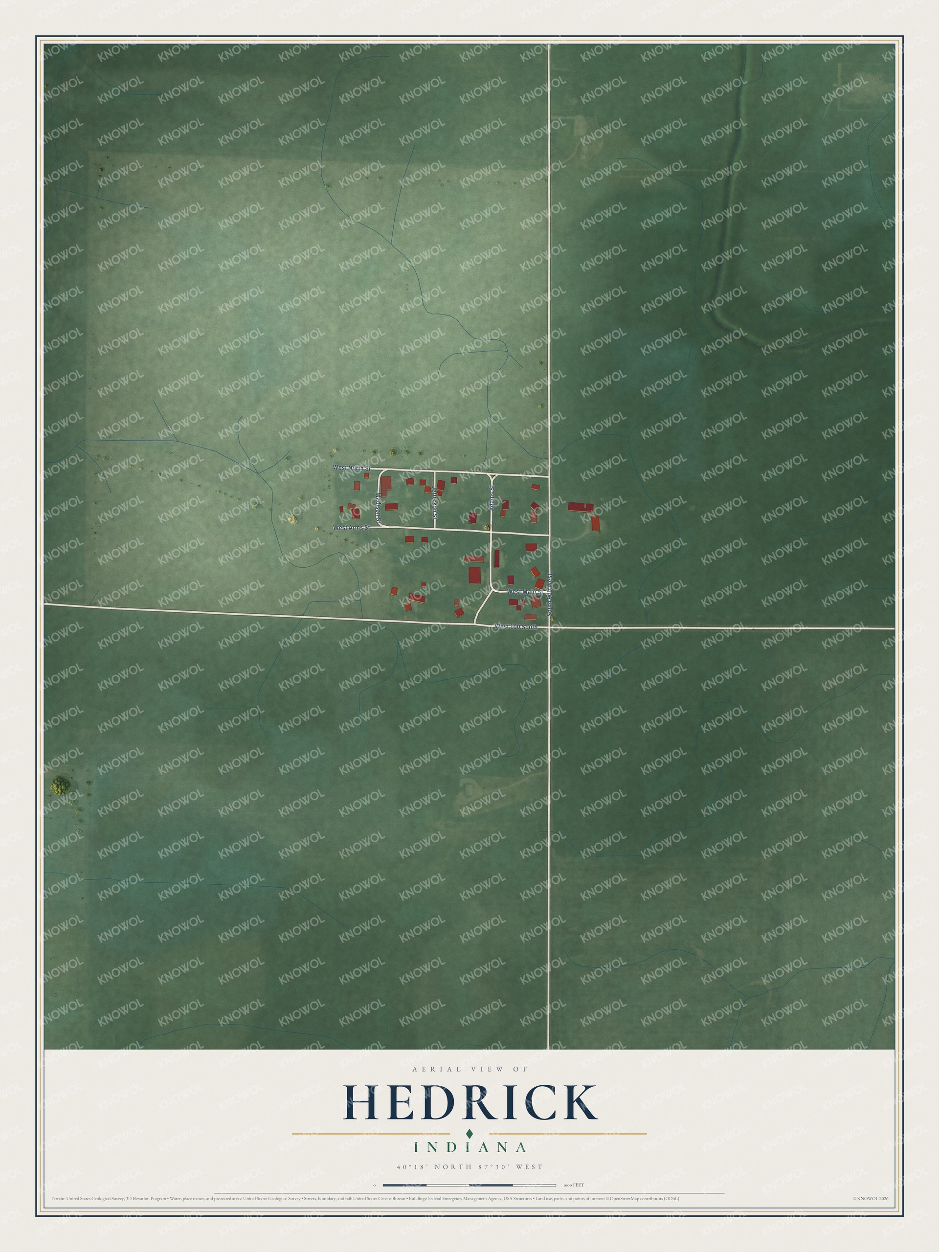 Full map of Hedrick, Indiana, with red buildings, printed street names and the land around them