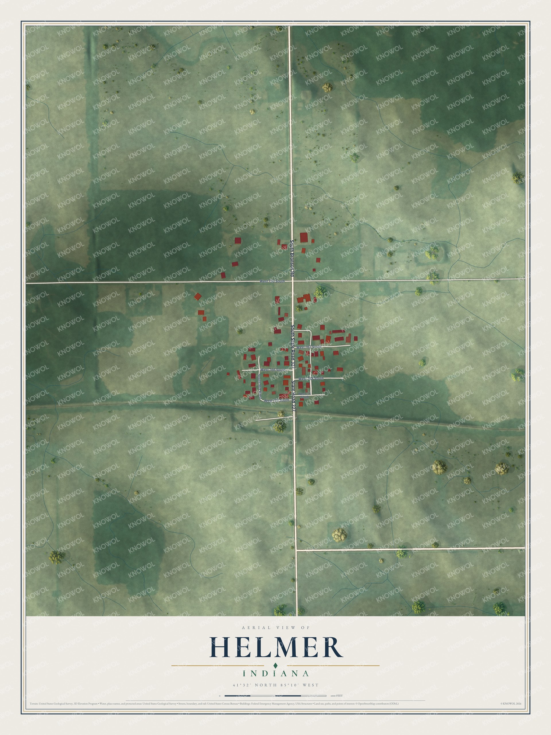 Full map of Helmer, Indiana, with red buildings, printed street names and the land around them