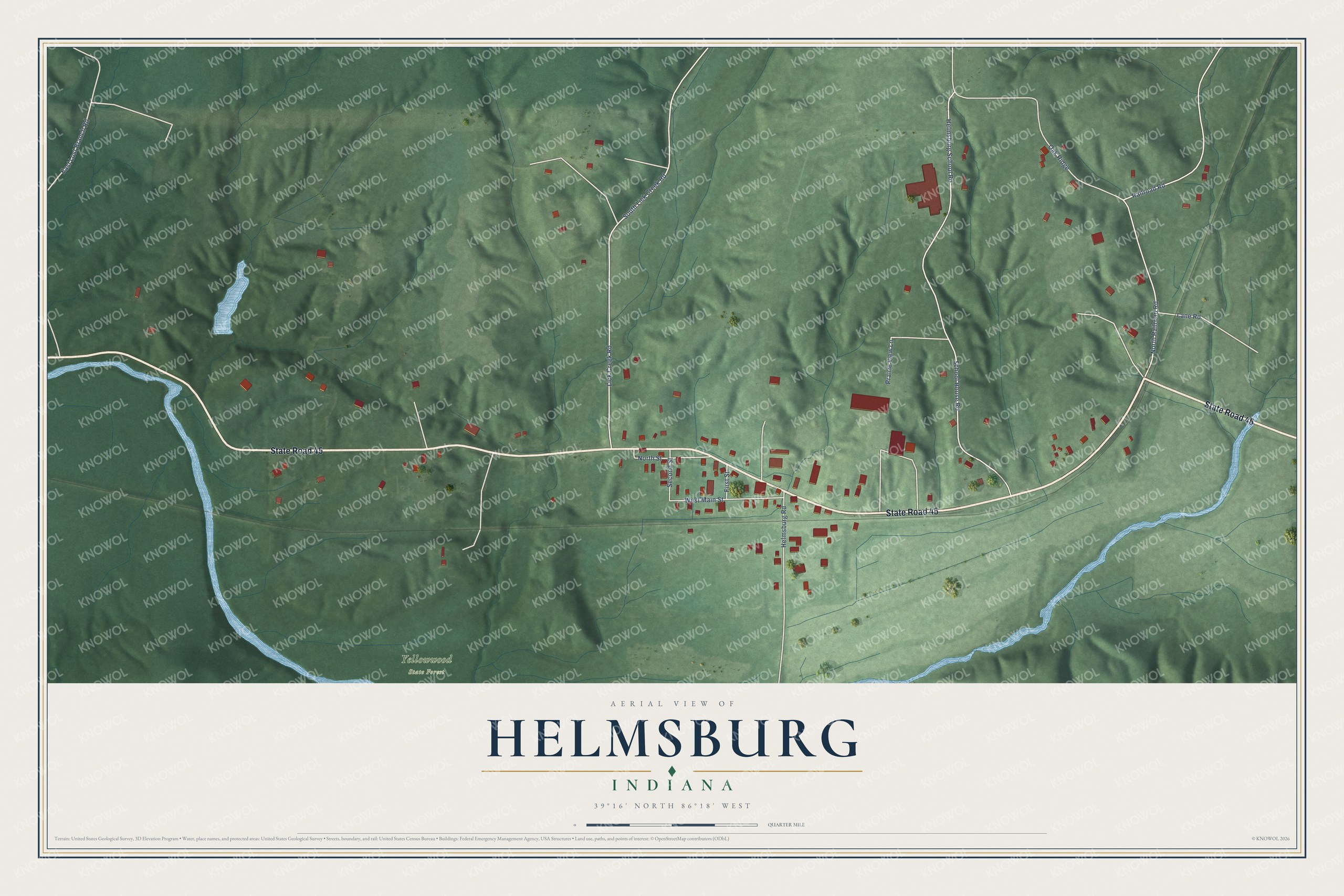 Full map of Helmsburg, Indiana, with red buildings, printed street names and the land around them