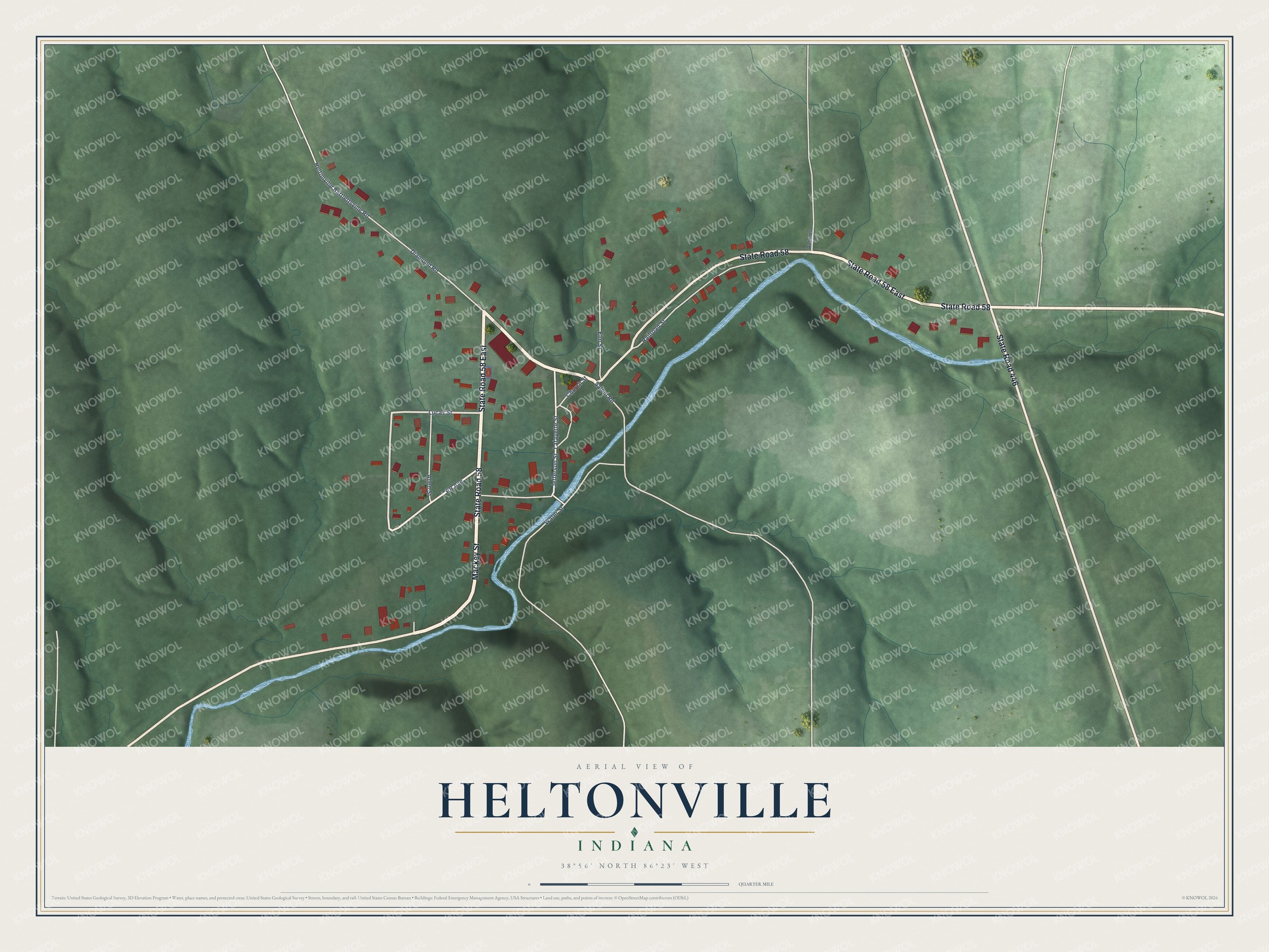 Full map of Heltonville, Indiana, with red buildings, printed street names and the land around them