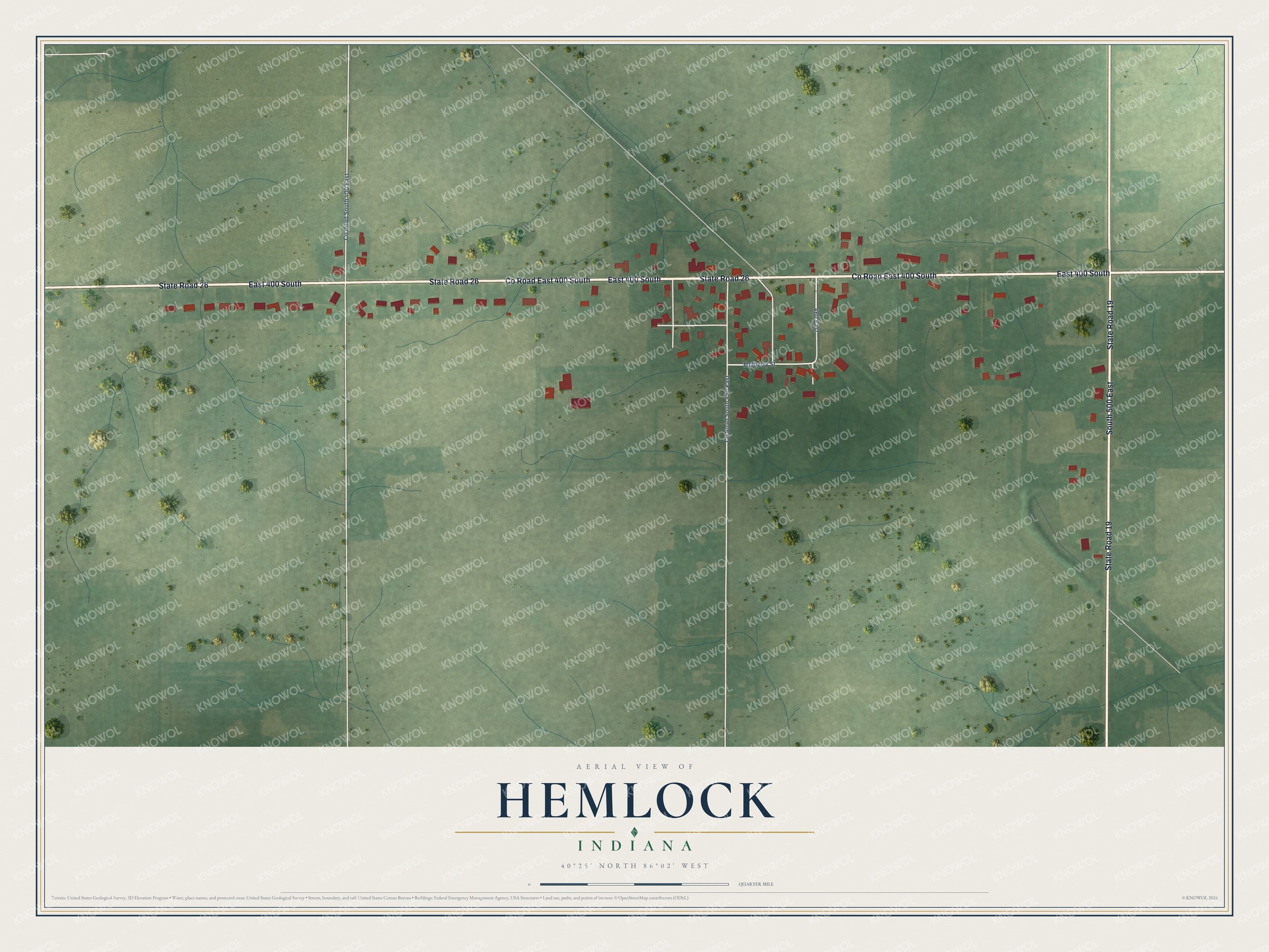 Full map of Hemlock, Indiana, with red buildings, printed street names and the land around them