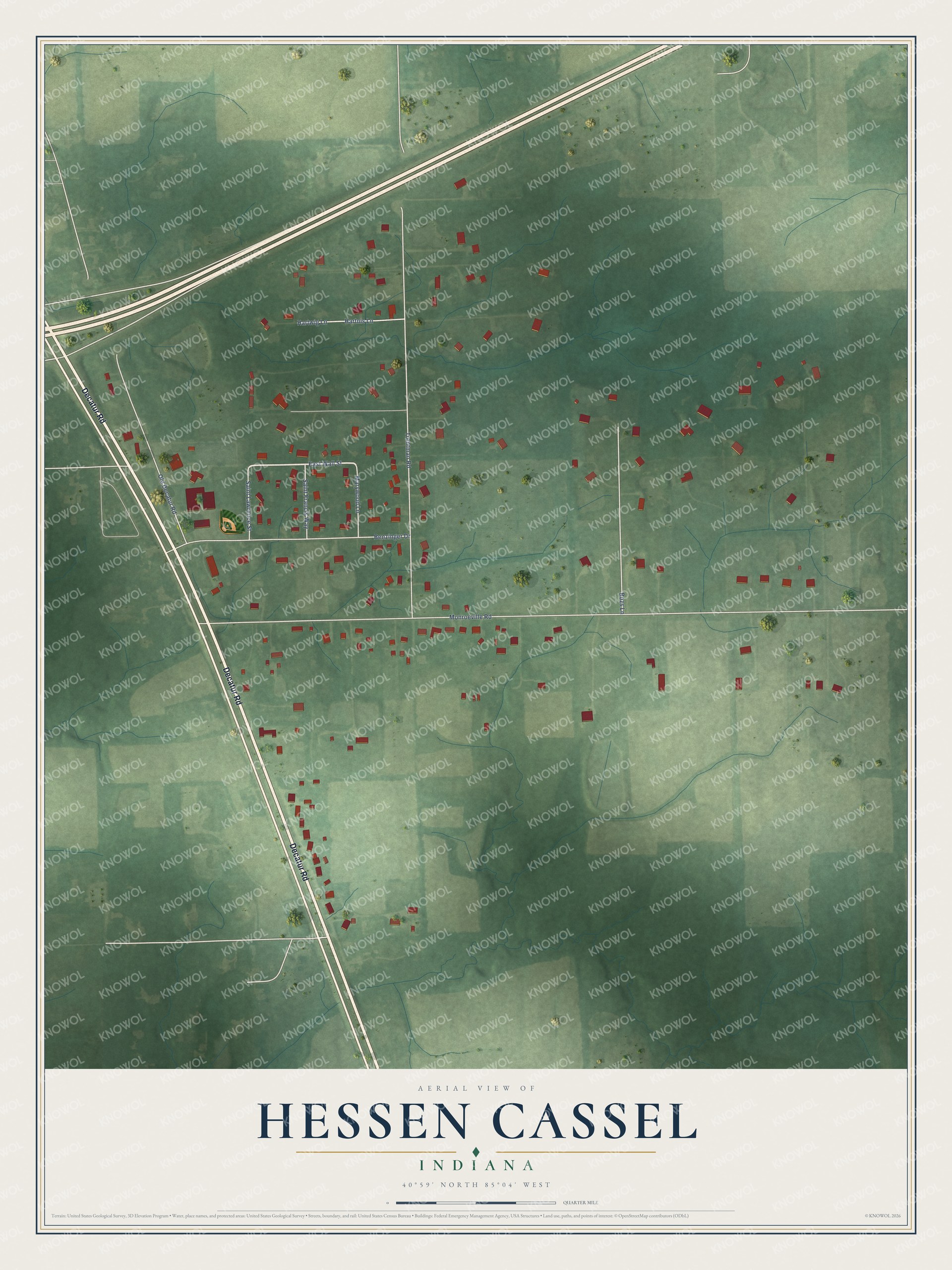 Full map of Hessen Cassel, Indiana, with red buildings, printed street names and the land around them
