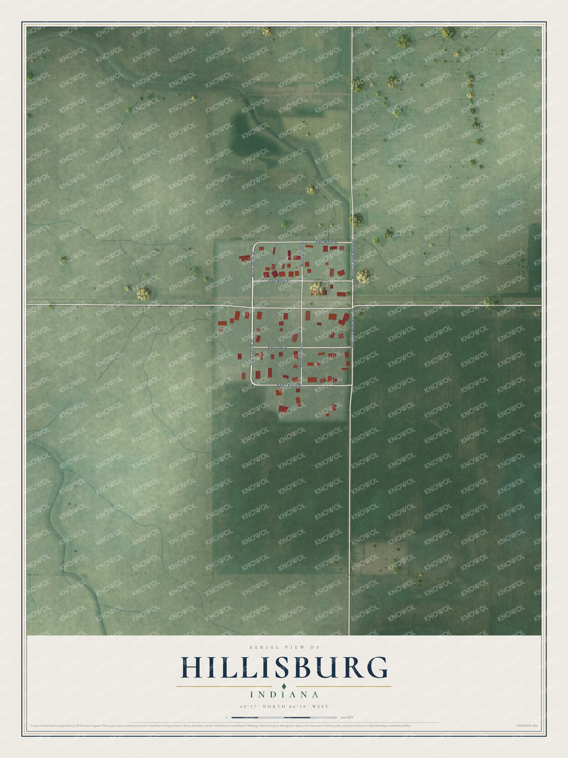 Full map of Hillisburg, Indiana, with red buildings, printed street names and the land around them
