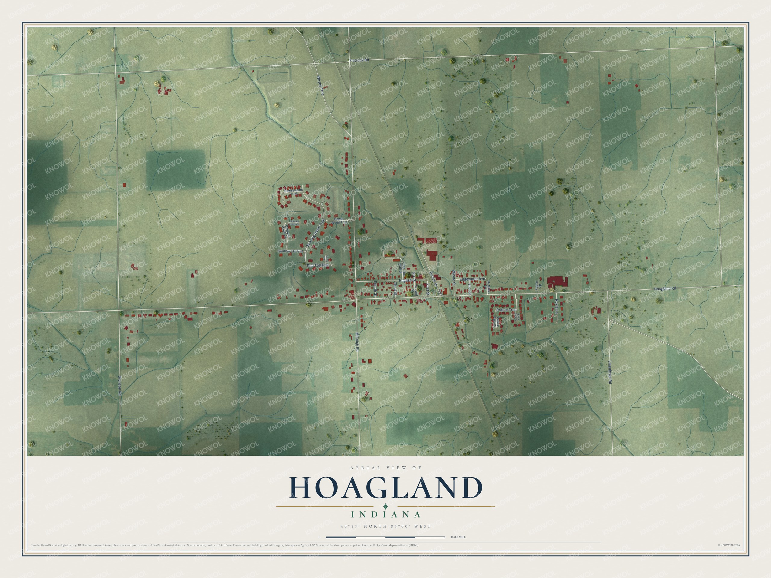 Full map of Hoagland, Indiana, with red buildings, printed street names and the land around them
