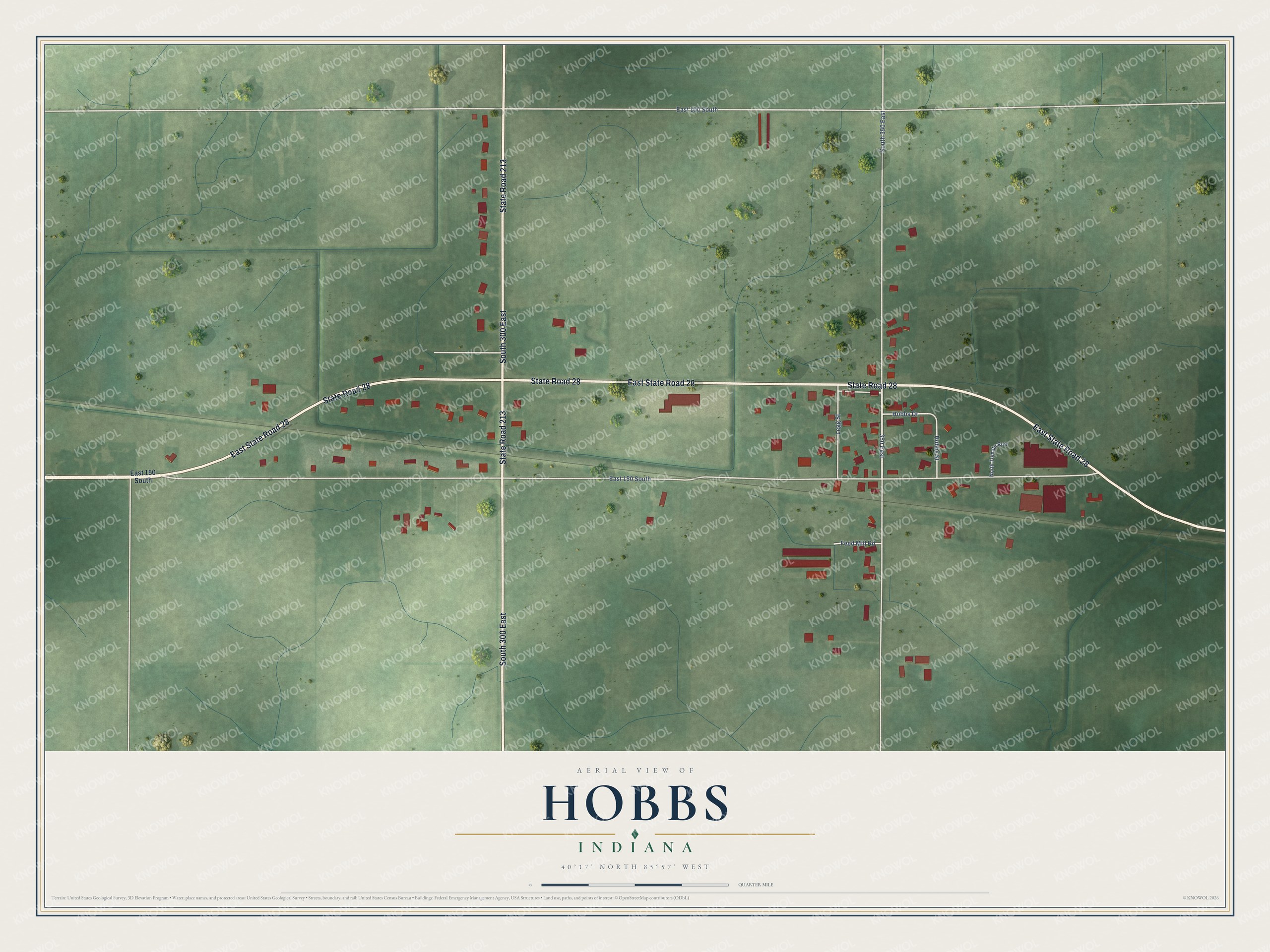 Full map of Hobbs, Indiana, with red buildings, printed street names and the land around them