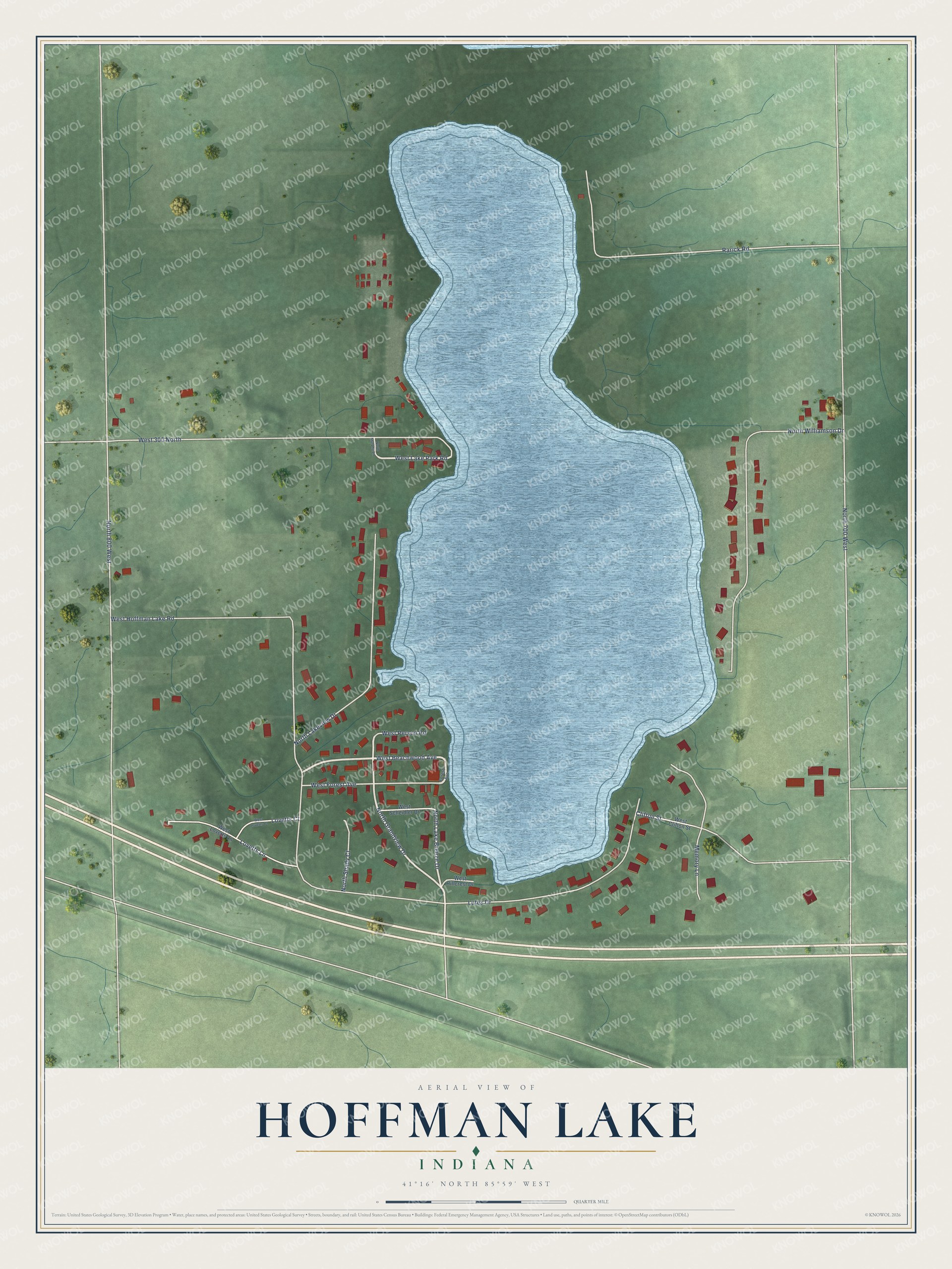 Full map of Hoffman Lake, Indiana, with red buildings, printed street names and the land around them