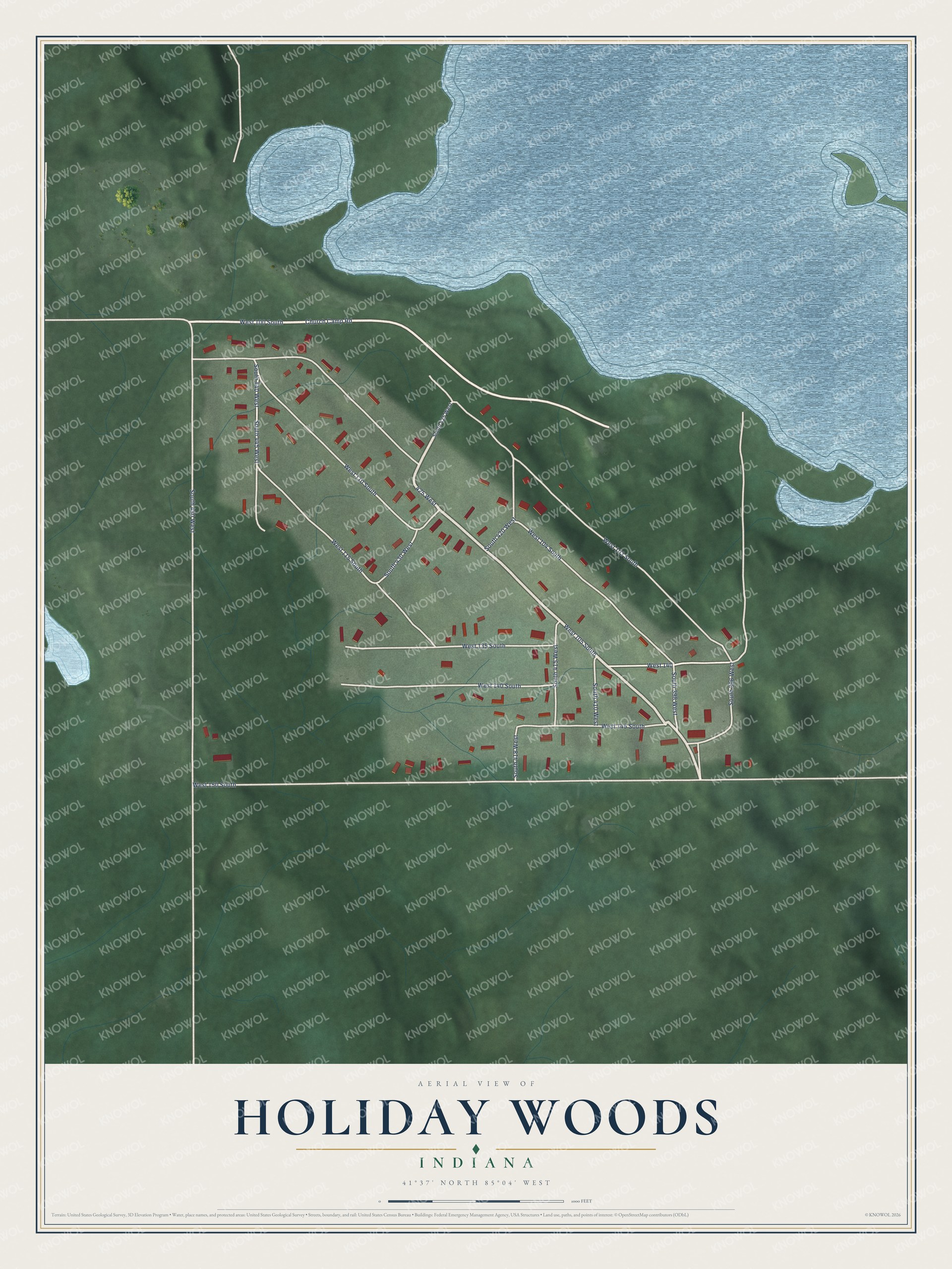 Full map of Holiday Woods, Indiana, with red buildings, printed street names and the land around them