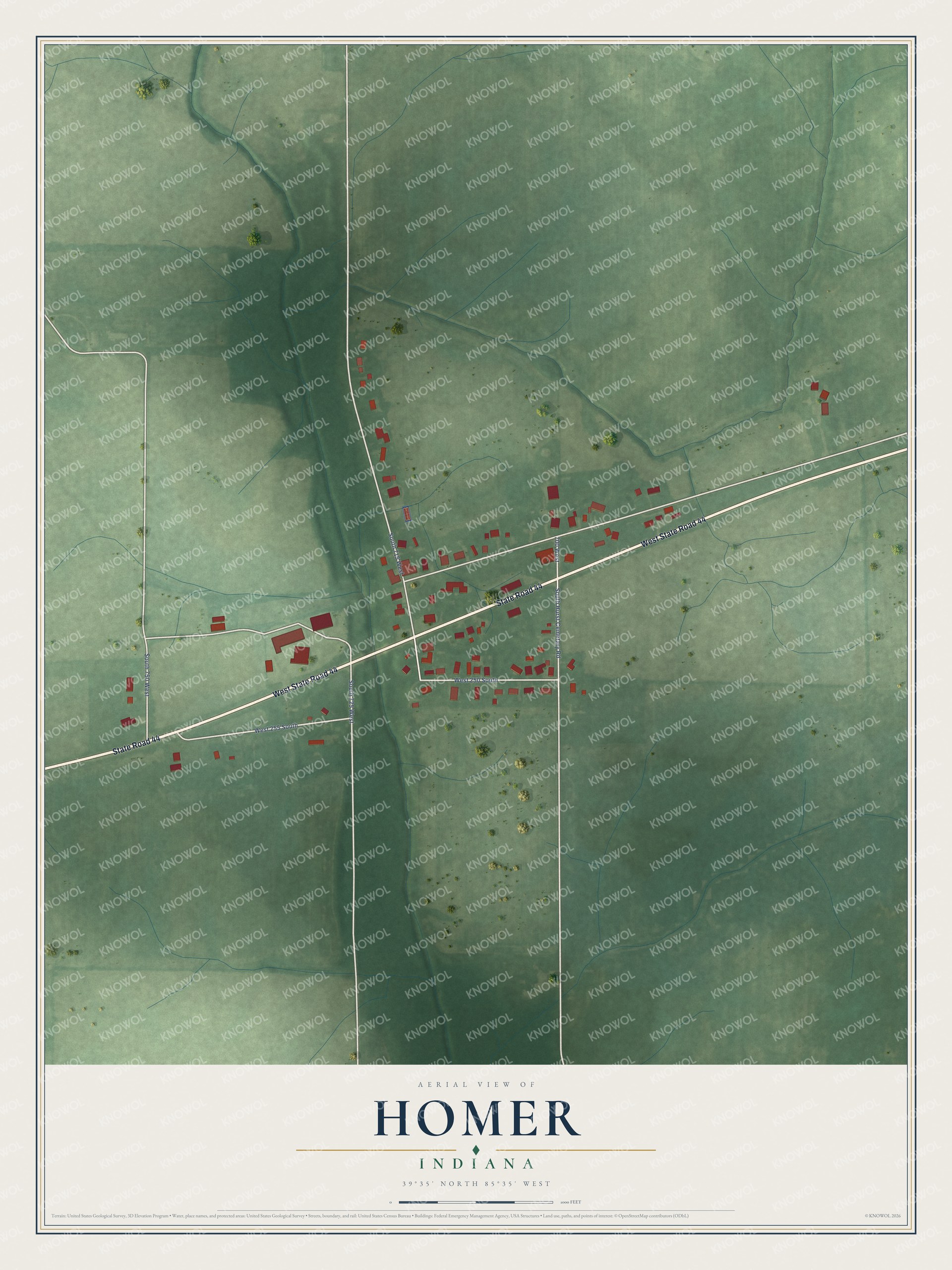 Full map of Homer, Indiana, with red buildings, printed street names and the land around them