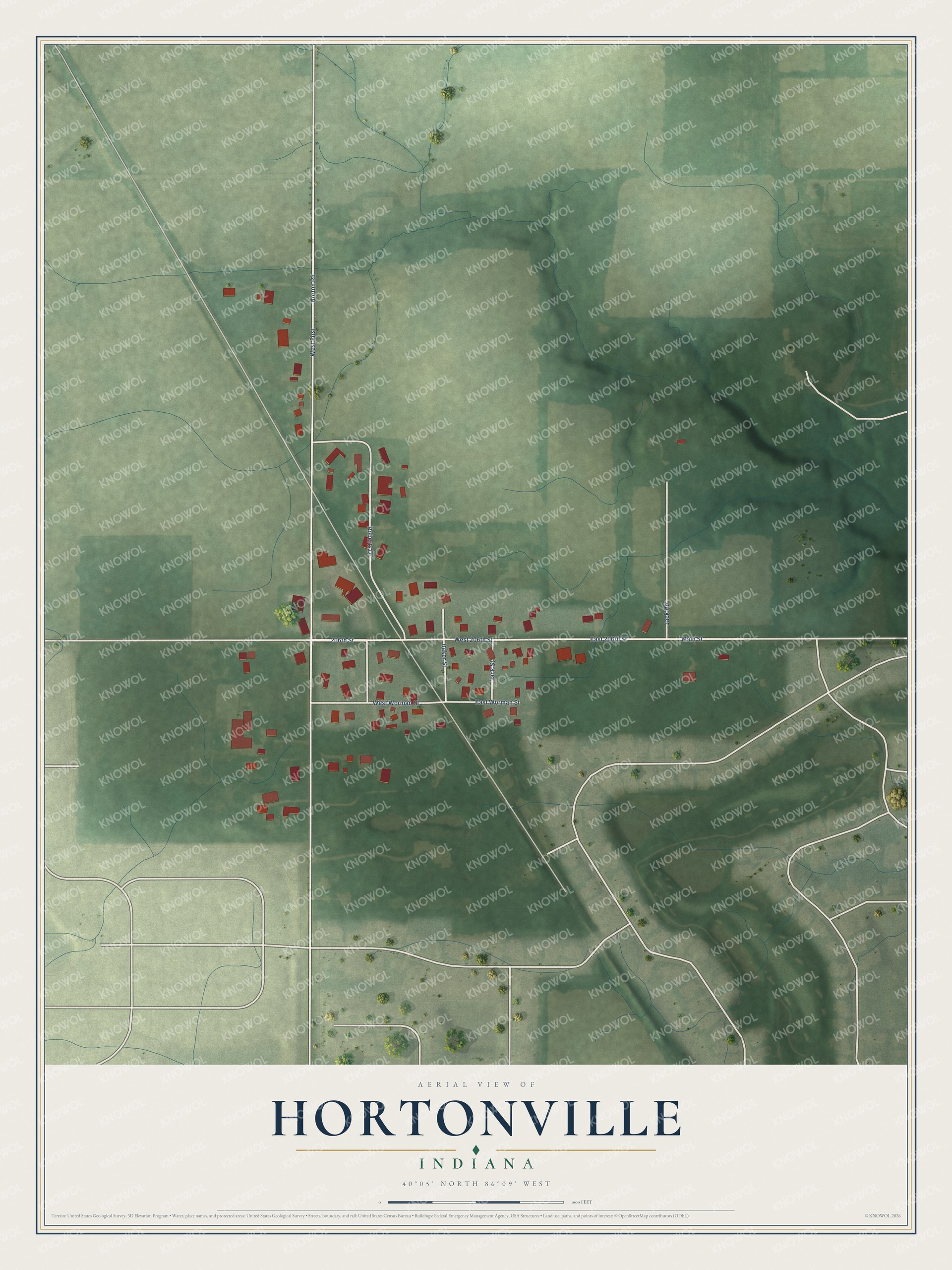 Full map of Hortonville, Indiana, with red buildings, printed street names and the land around them