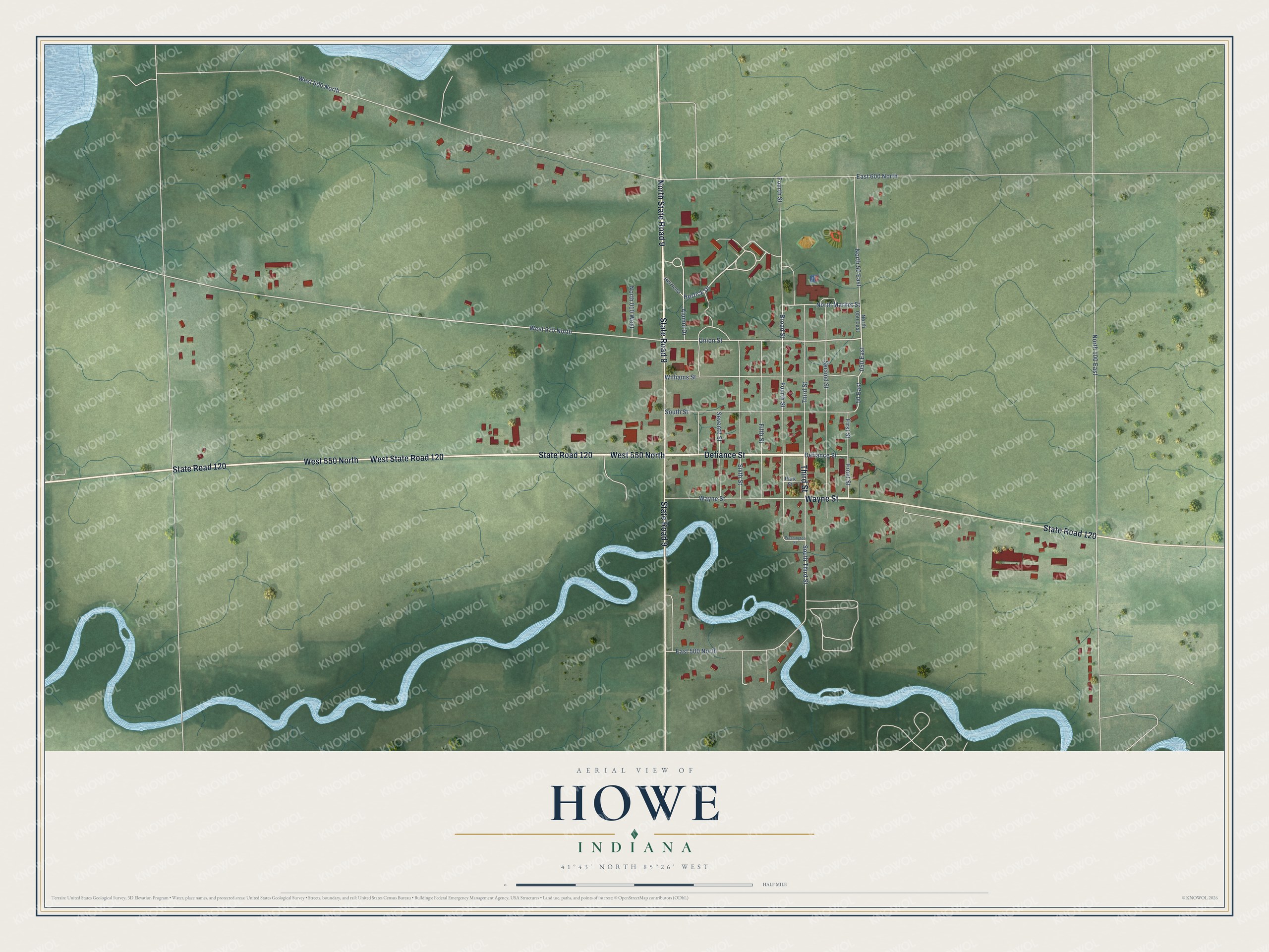 Full map of Howe, Indiana, with red buildings, printed street names and the land around them