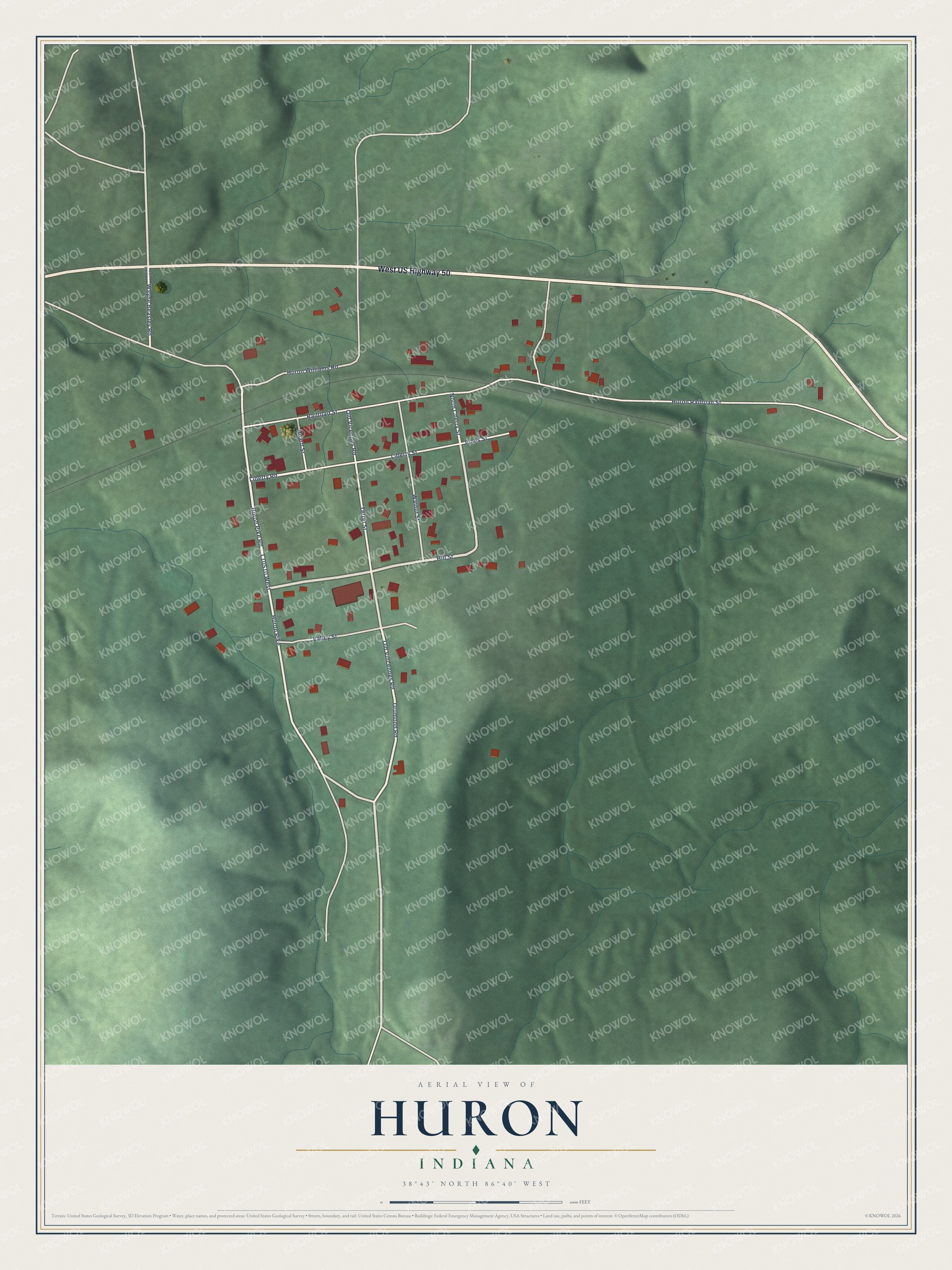 Full map of Huron, Indiana, with red buildings, printed street names and the land around them