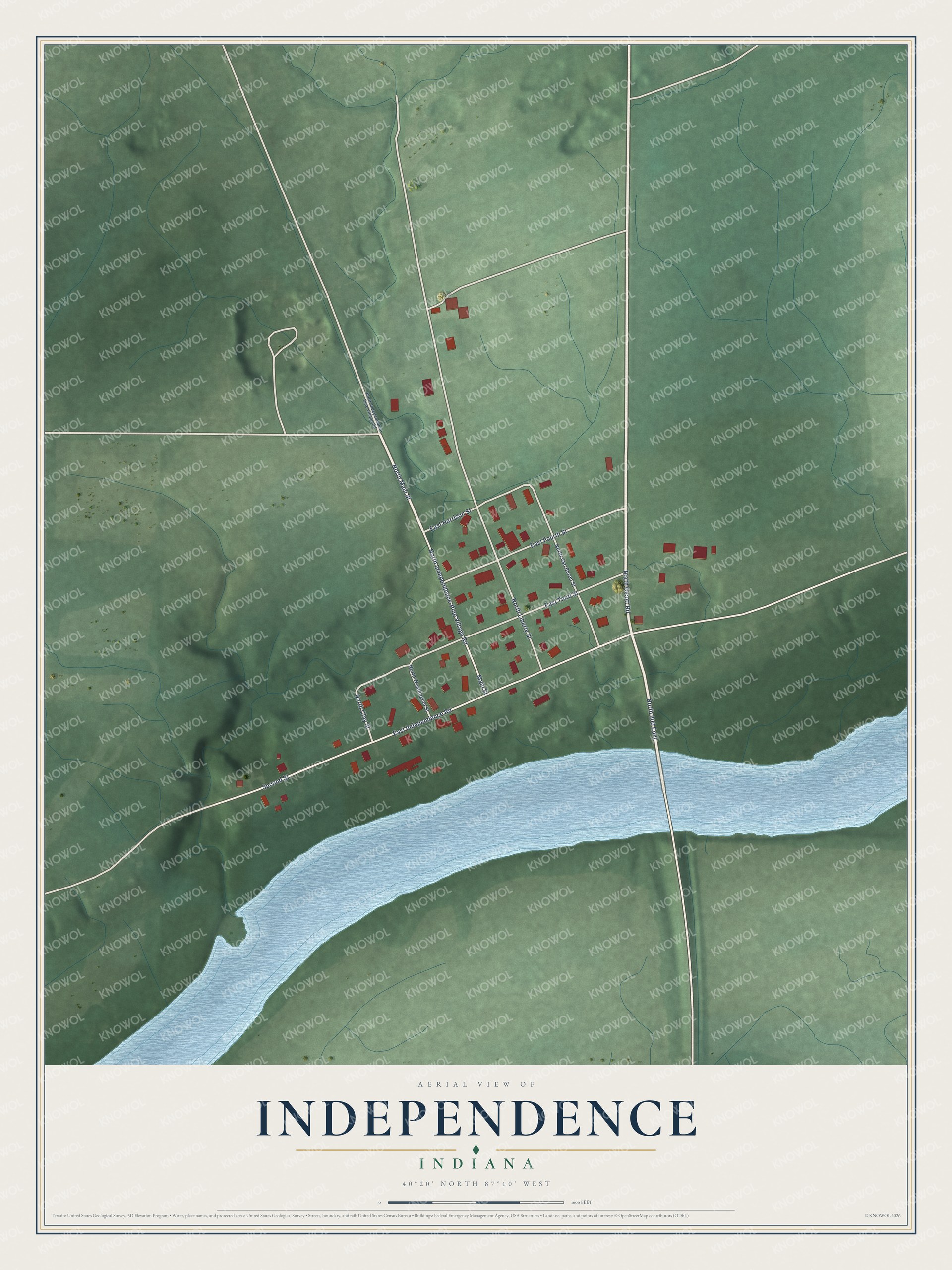 Full map of Independence, Indiana, with red buildings, printed street names and the land around them