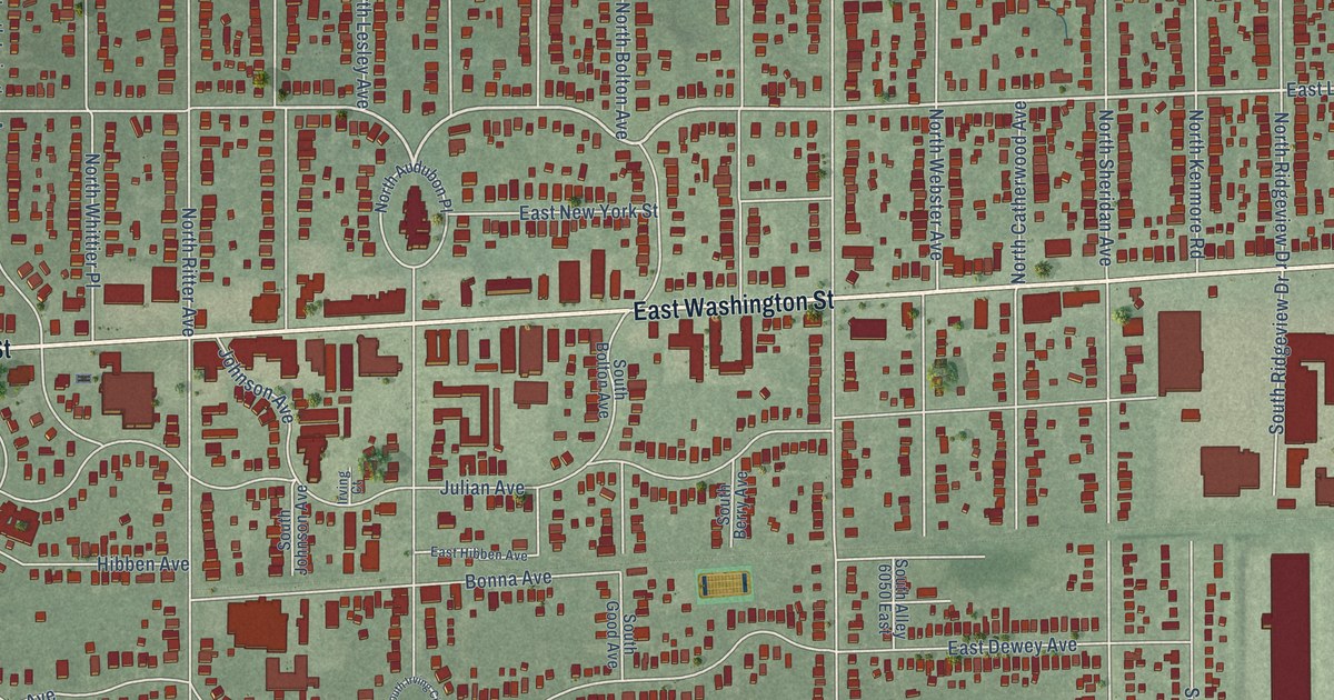 Close-up of streets and buildings in Irvington, Indiana